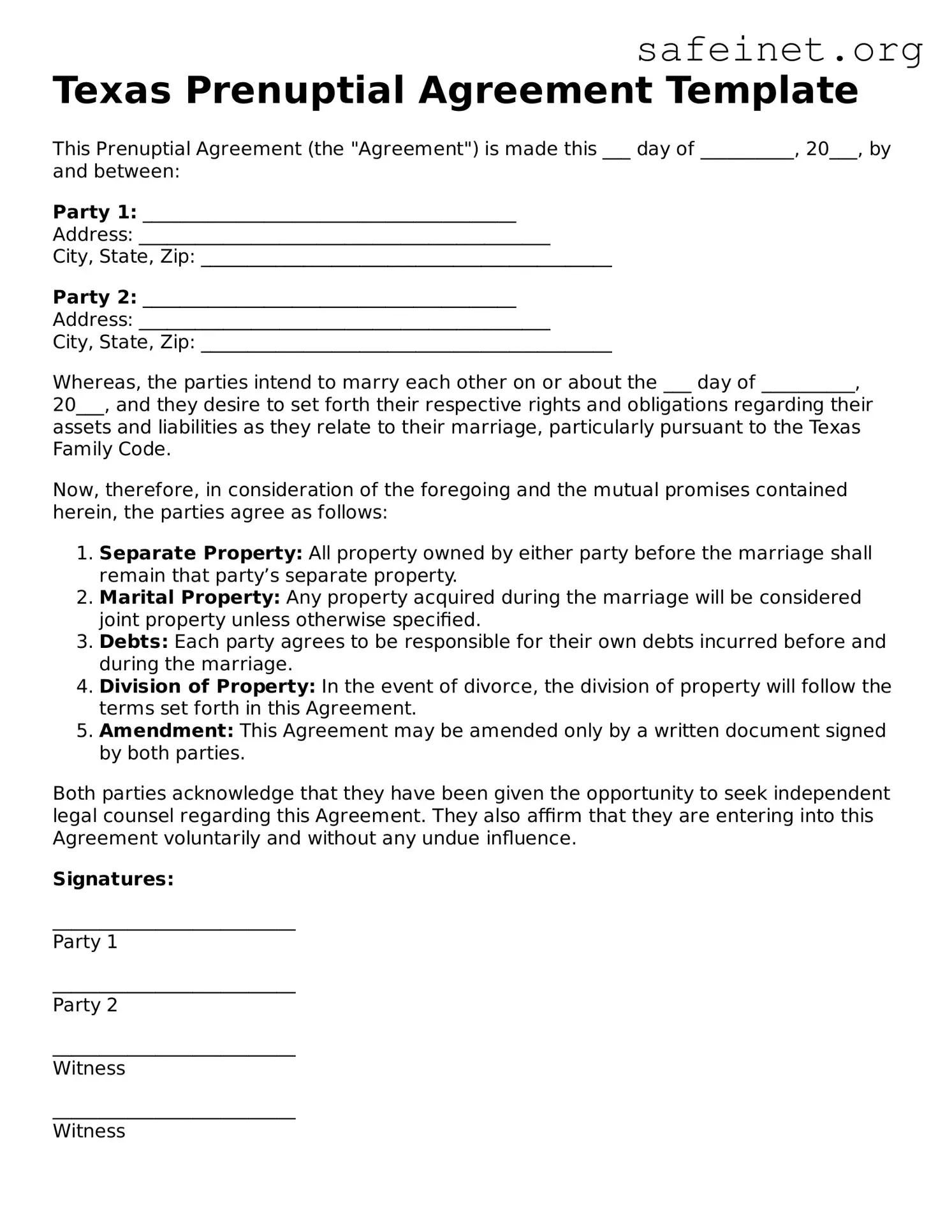 Valid Prenuptial Agreement Template for the State of Texas