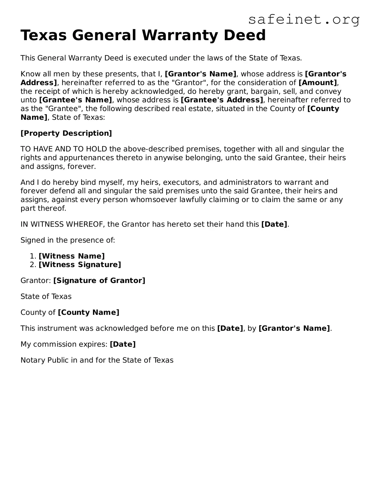Valid Deed Template for the State of Texas