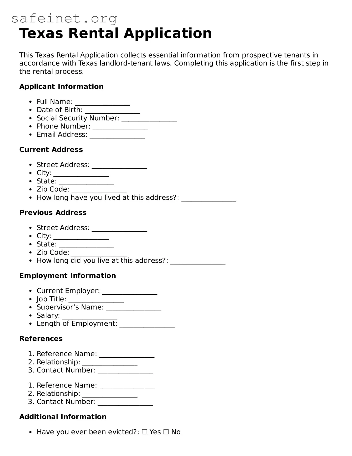 Valid Rental Application Template for the State of Texas