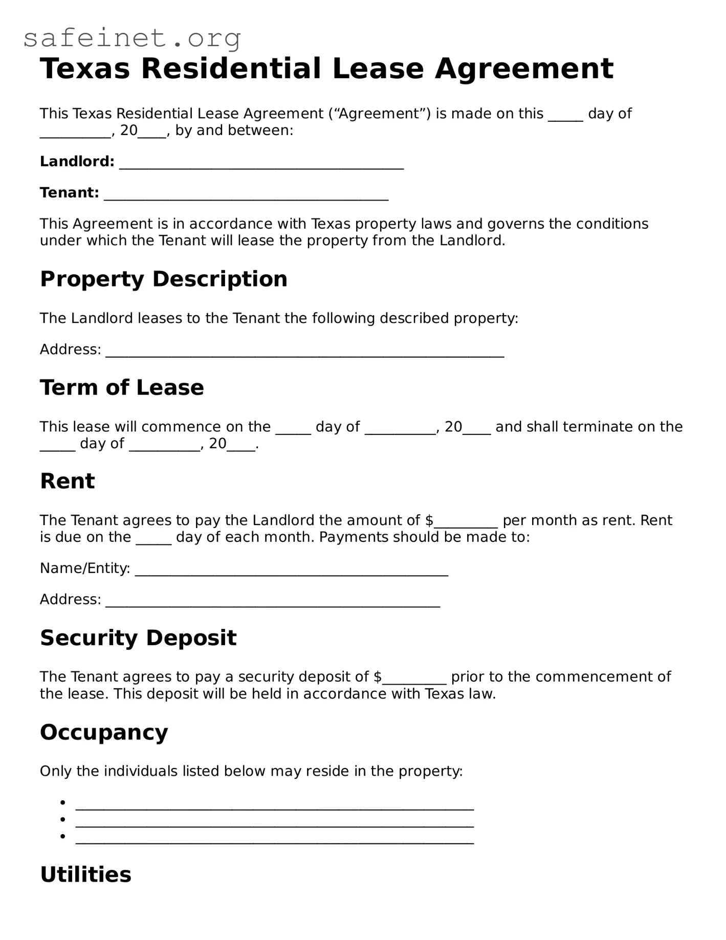 Valid Residential Lease Agreement Template for the State of Texas