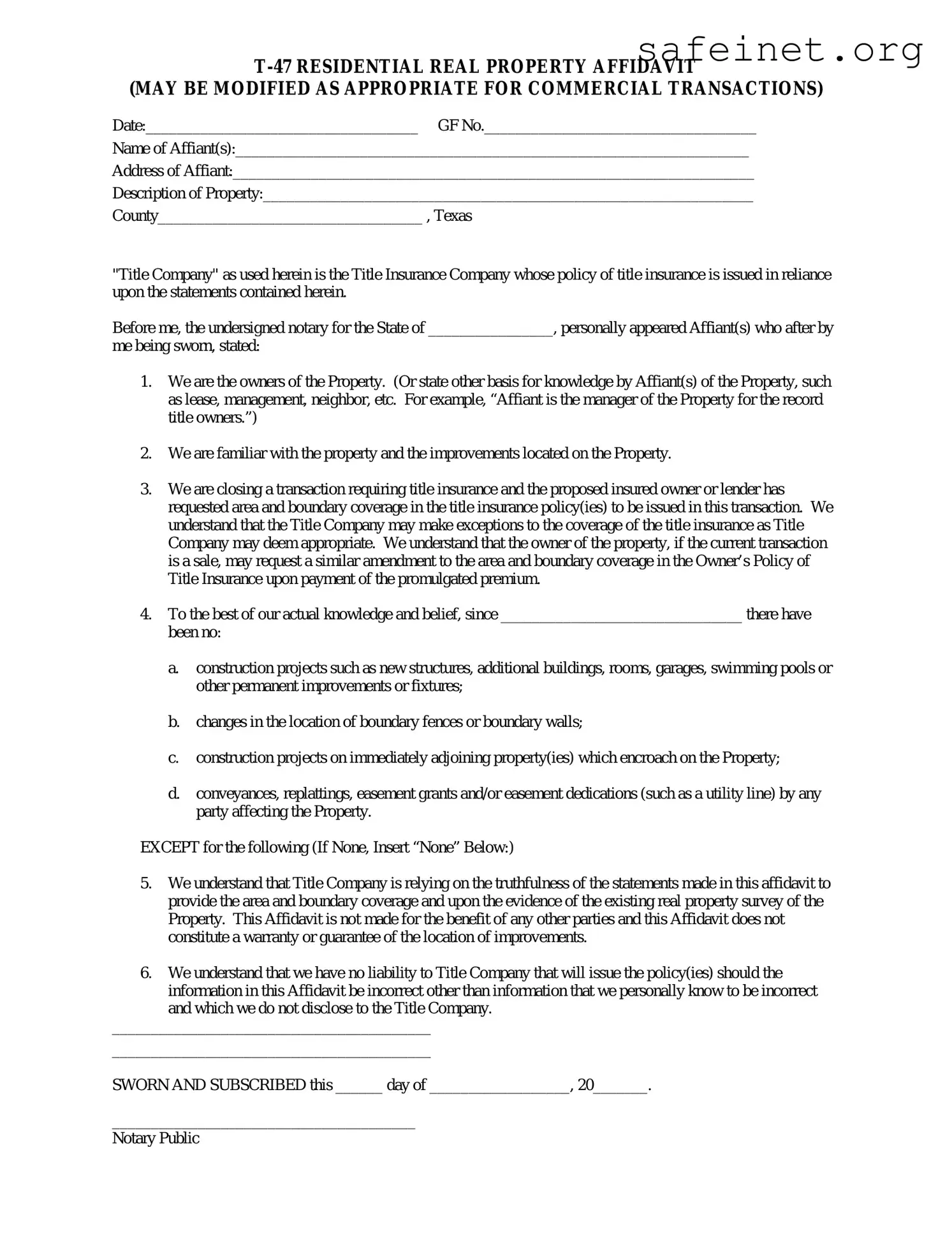 Blank Texas residential property affidavit T-47 Template