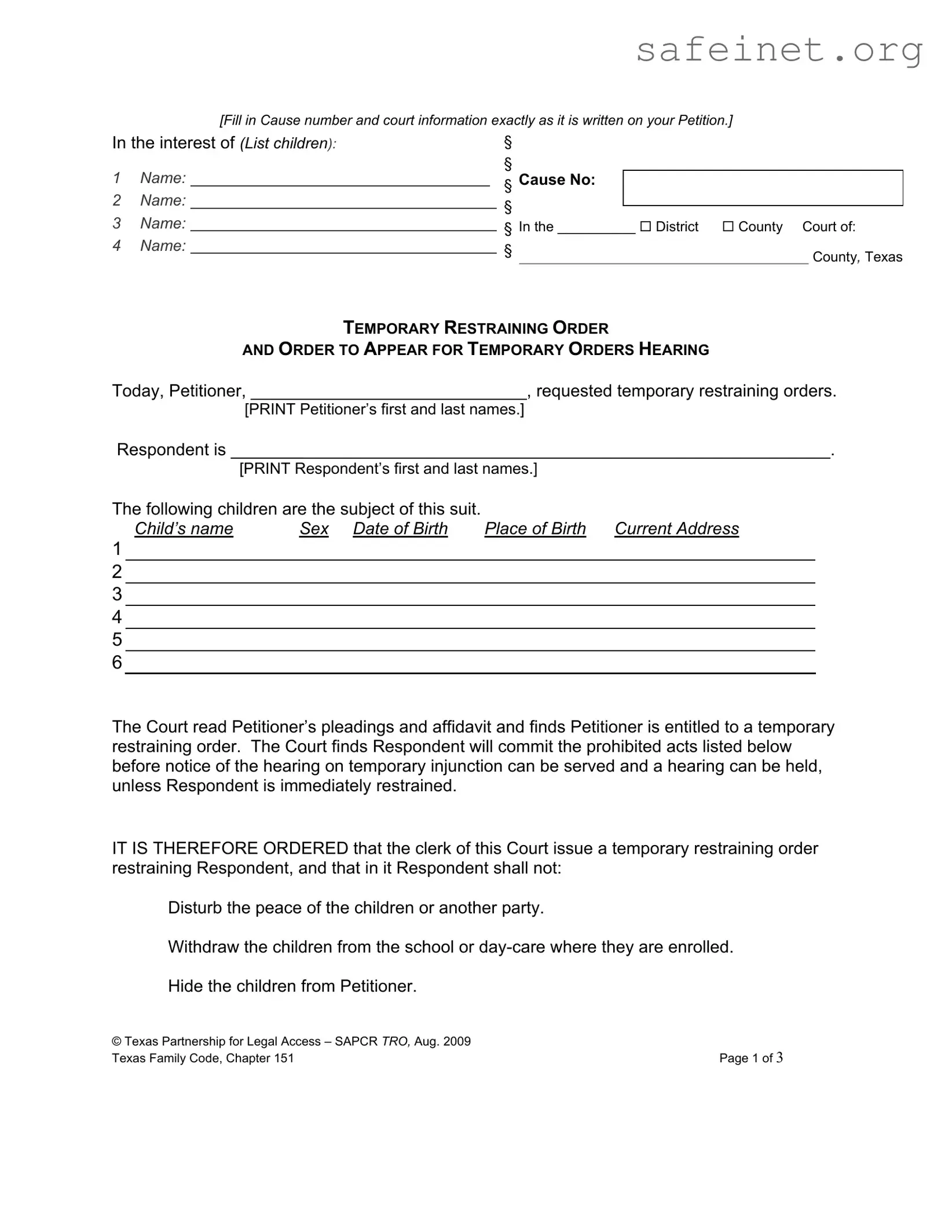Blank Texas Temporary Restraining Order Template