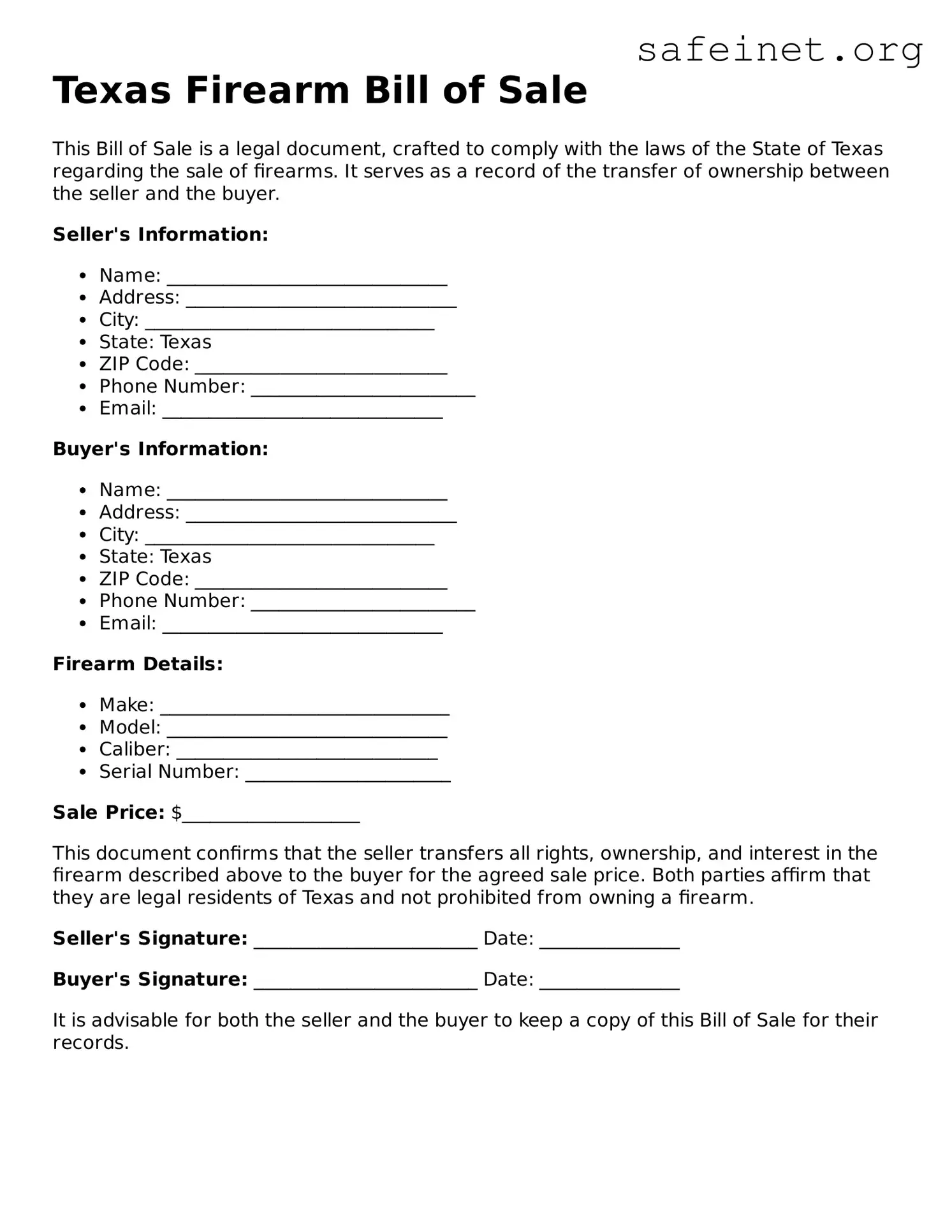 Valid Firearm Bill of Sale Template for the State of Texas