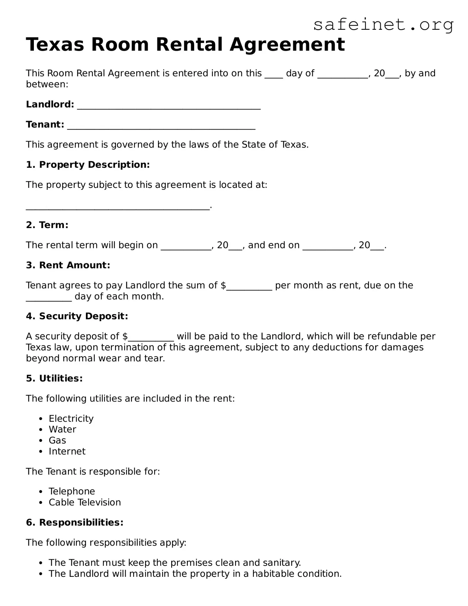 Valid Room Rental Agreement Template for the State of Texas