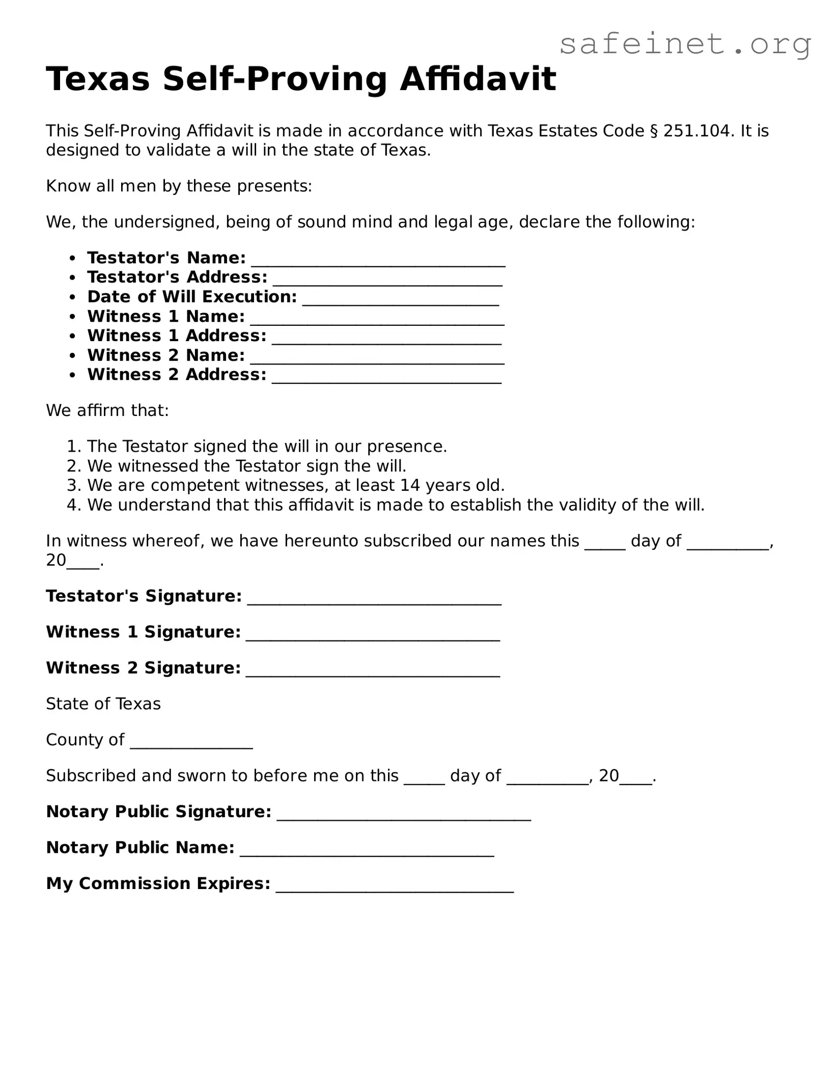 Valid Self-Proving Affidavit Template for the State of Texas