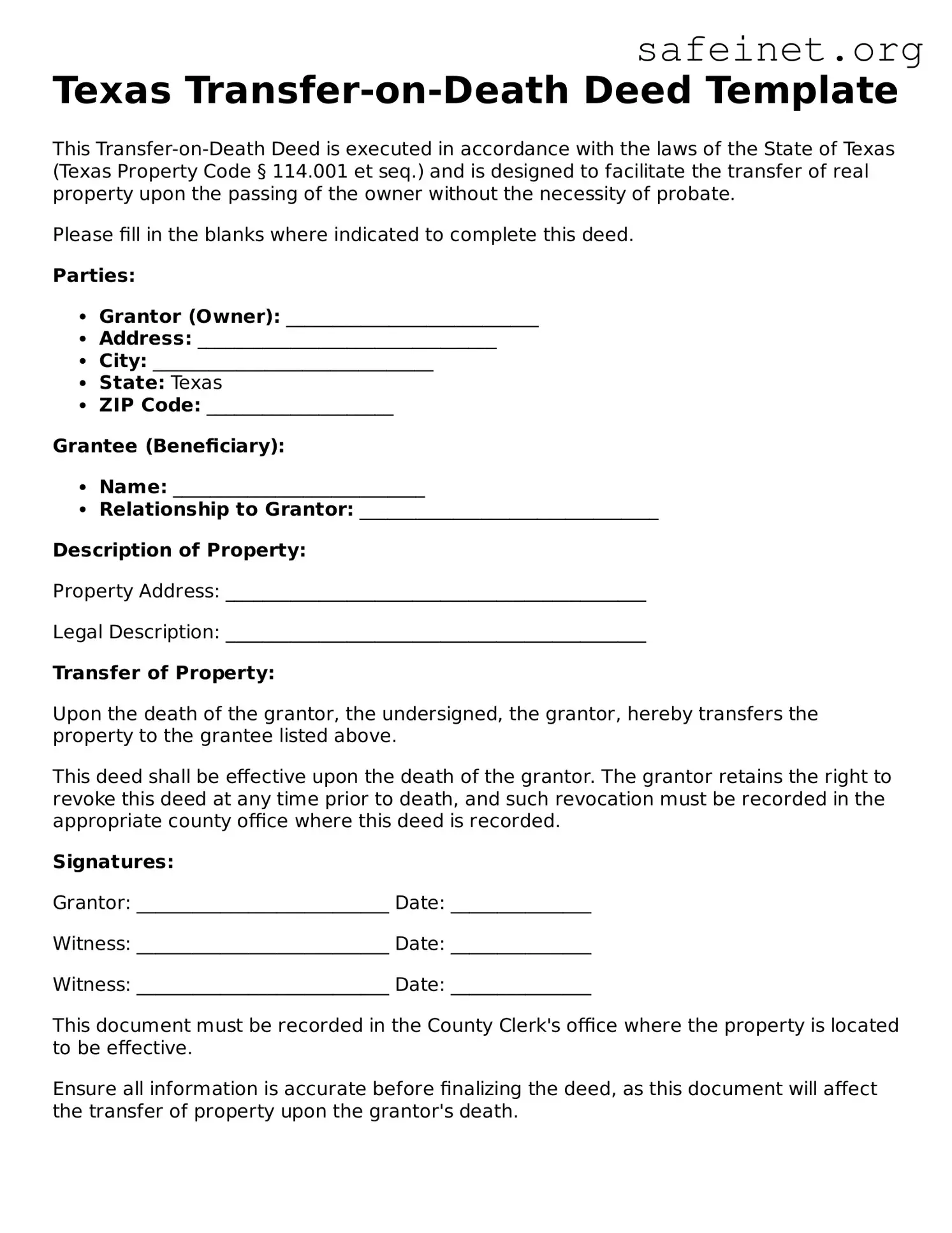 Valid Transfer-on-Death Deed Template for the State of Texas