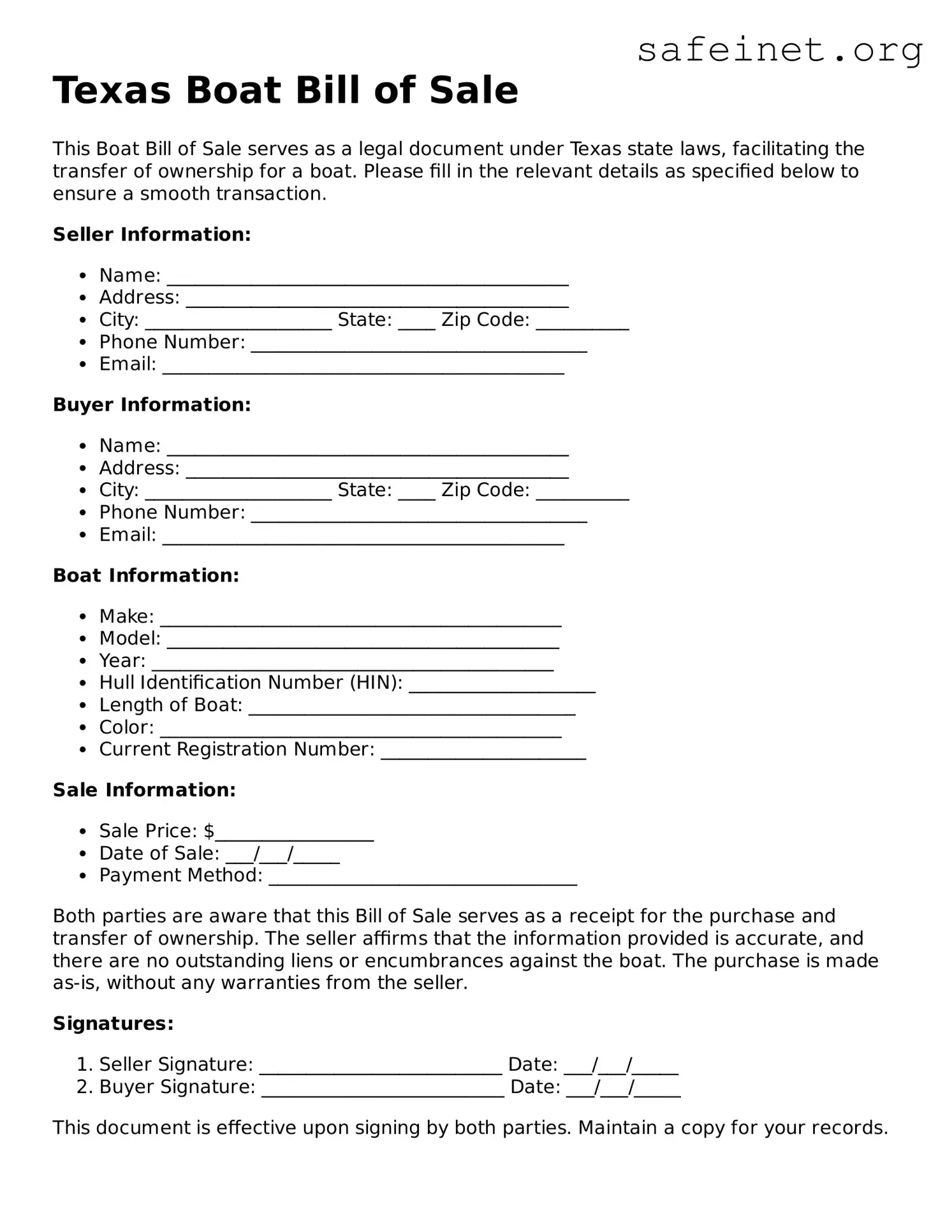 Valid Boat Bill of Sale Template for the State of Texas
