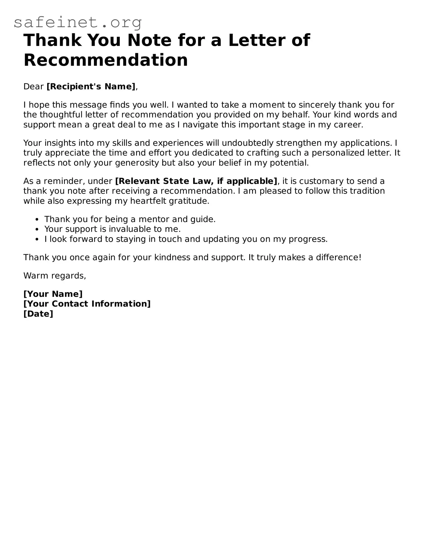 Official Thank You Note for a Letter of Recommendation Document