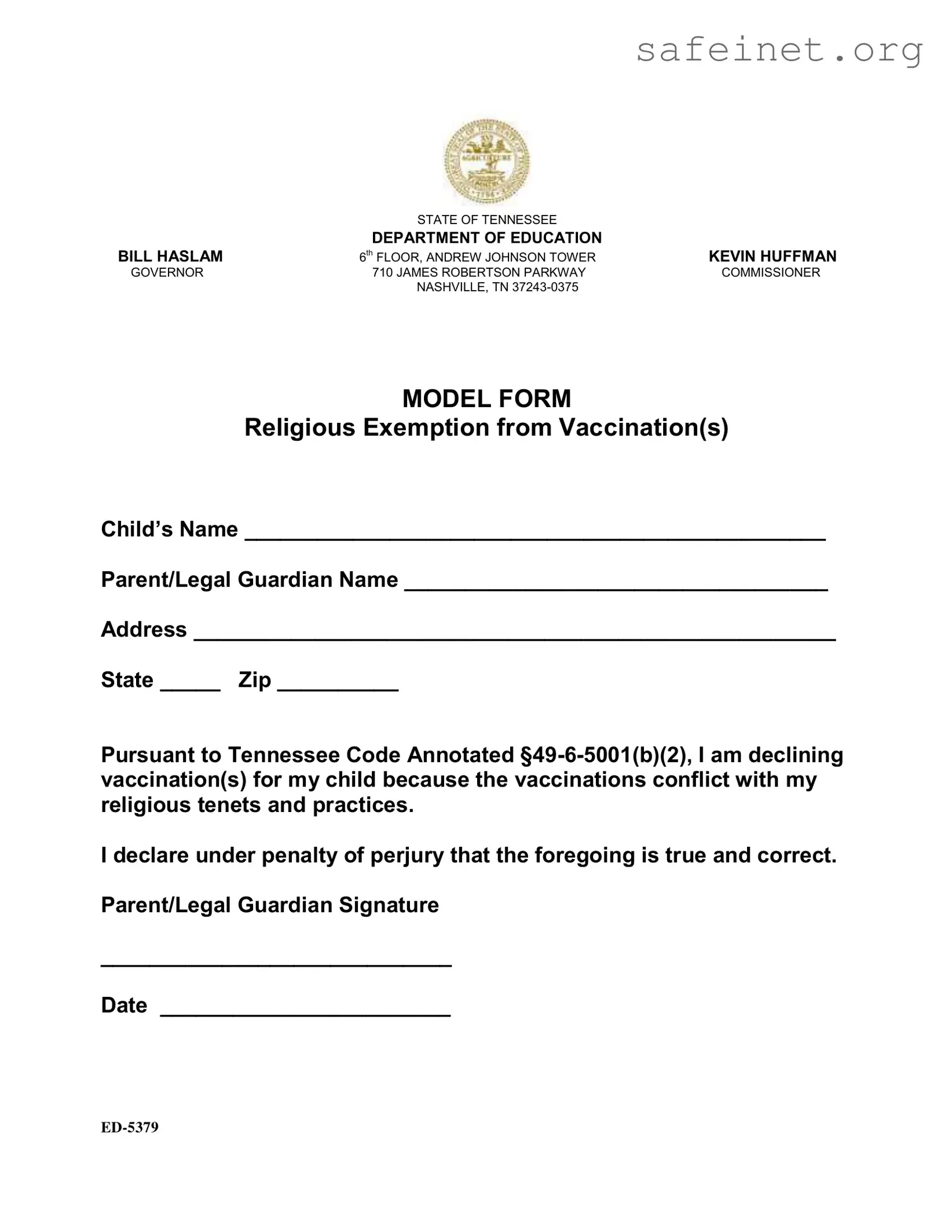 Blank Tn Exemption Vaccination Template