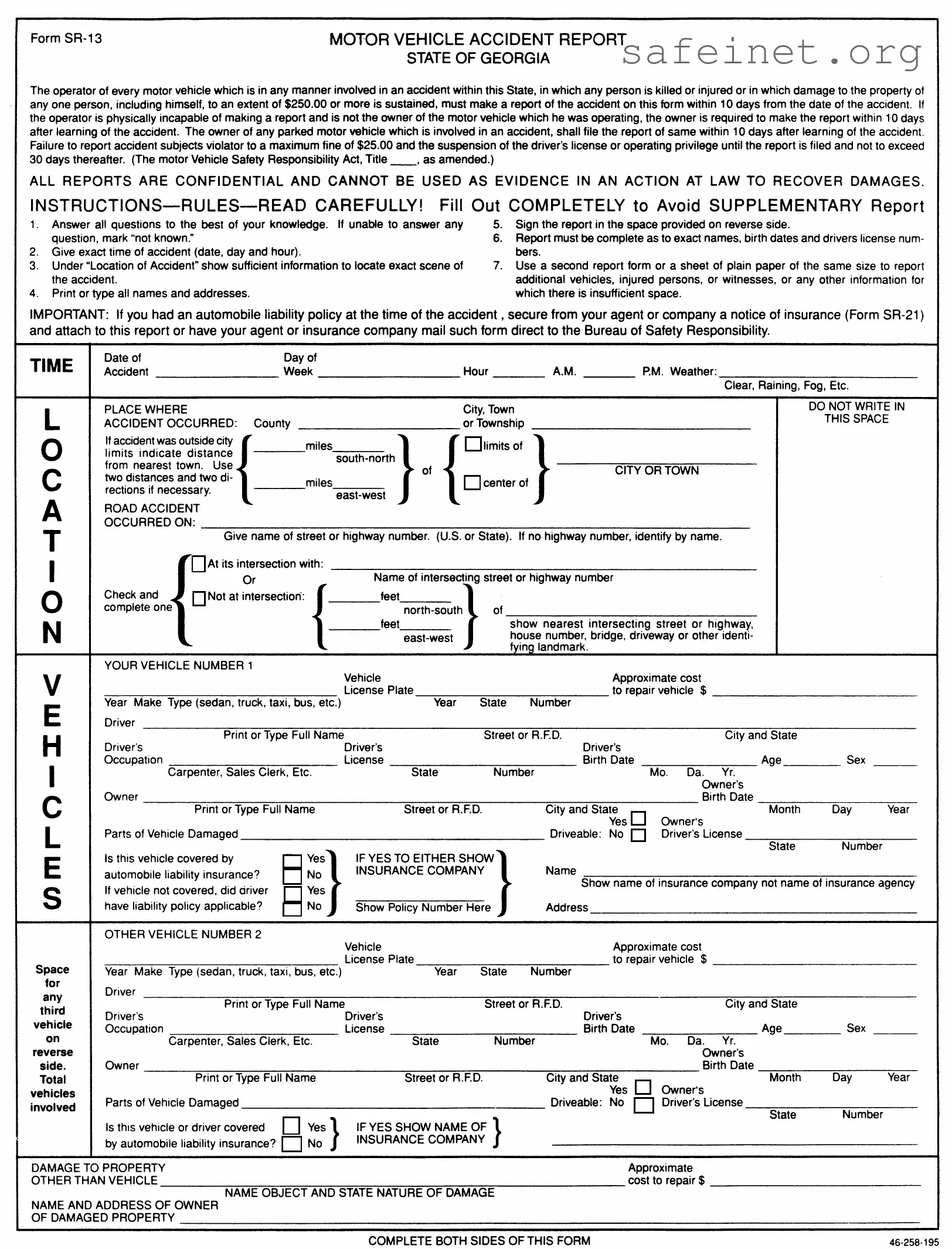 Blank Personal Accident Report Sr 13 Ga Template