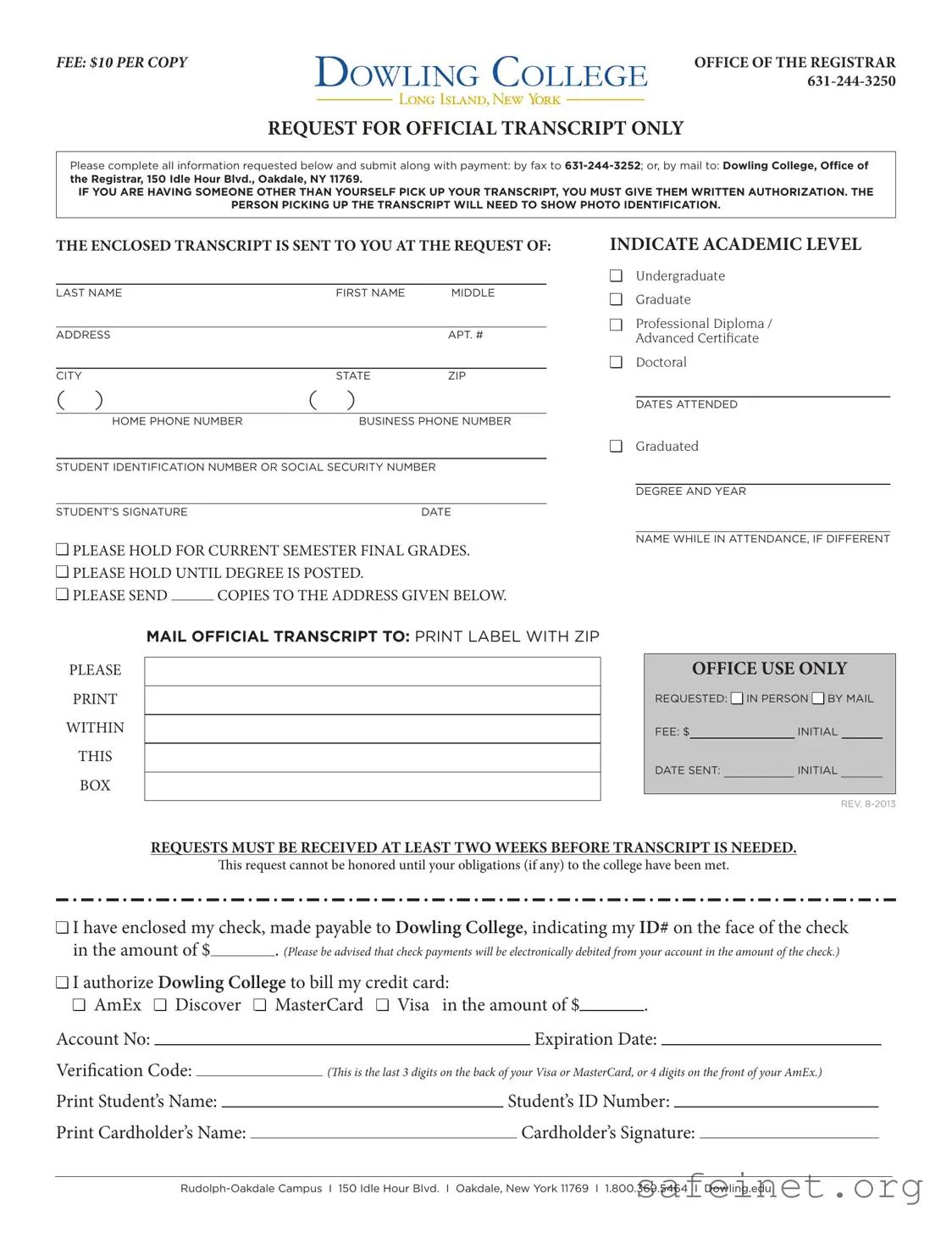 Blank Dowling College Transcript Template