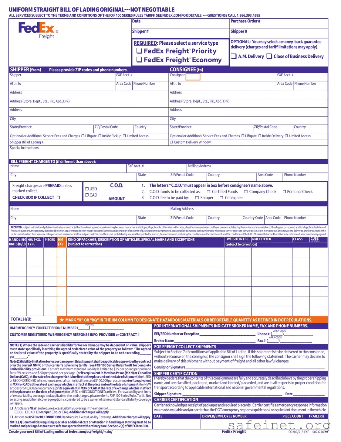 Blank Fedex Bill Of Lading Template