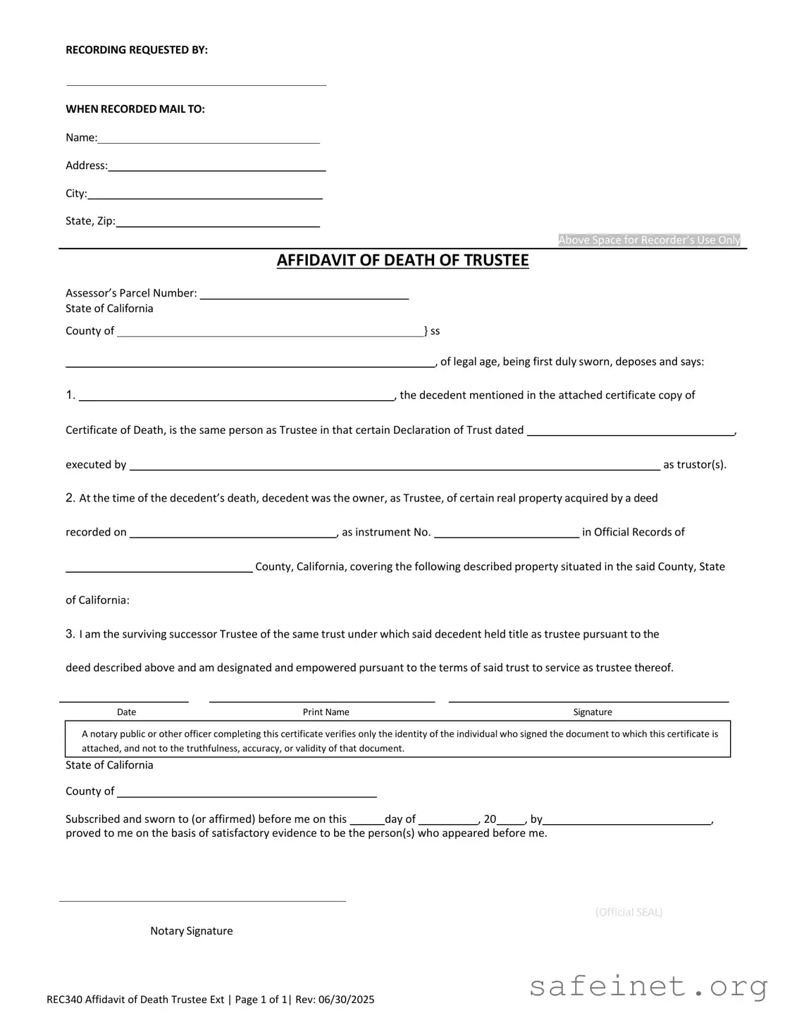 Blank California Affidavit of Death of a Trustee Template