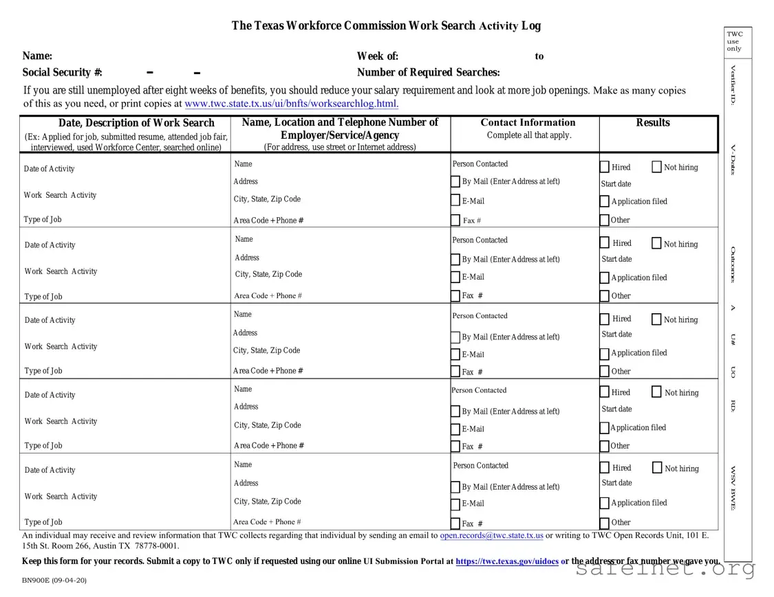 Blank Example Of Twc Work Search Log Template