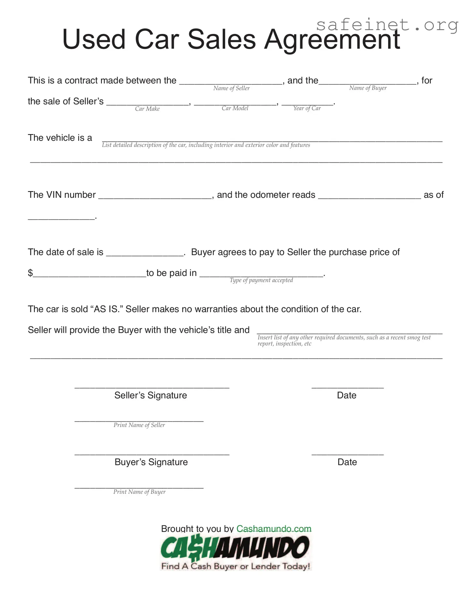 Blank Used Car Agreement Template