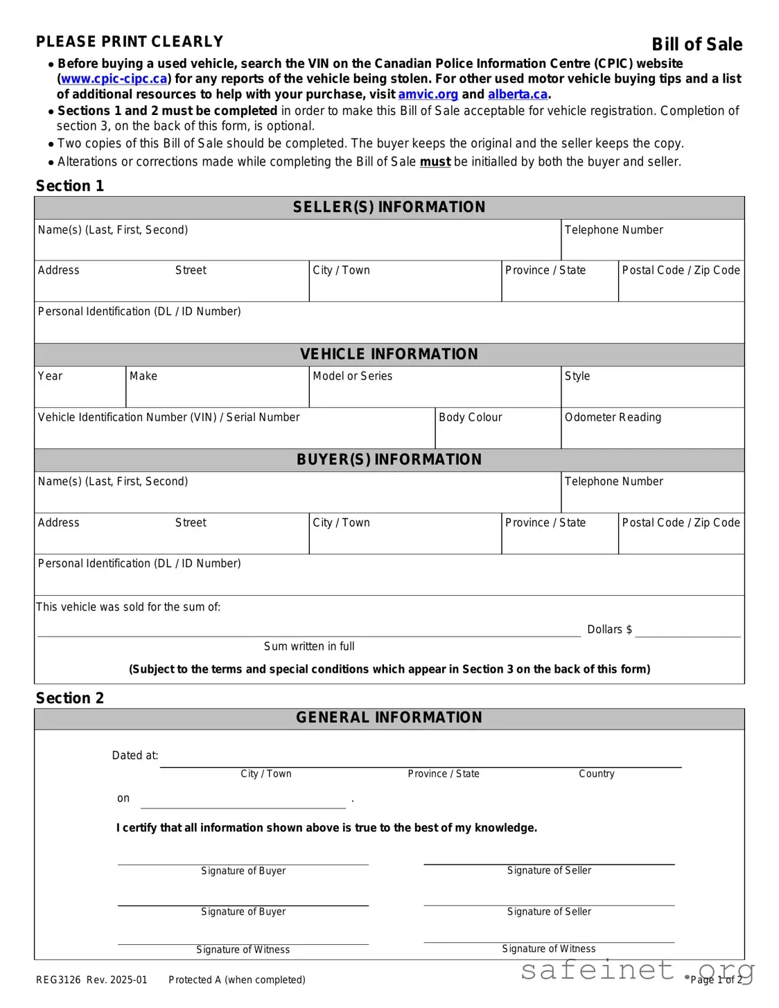 Blank Alberta Bill Sale Template