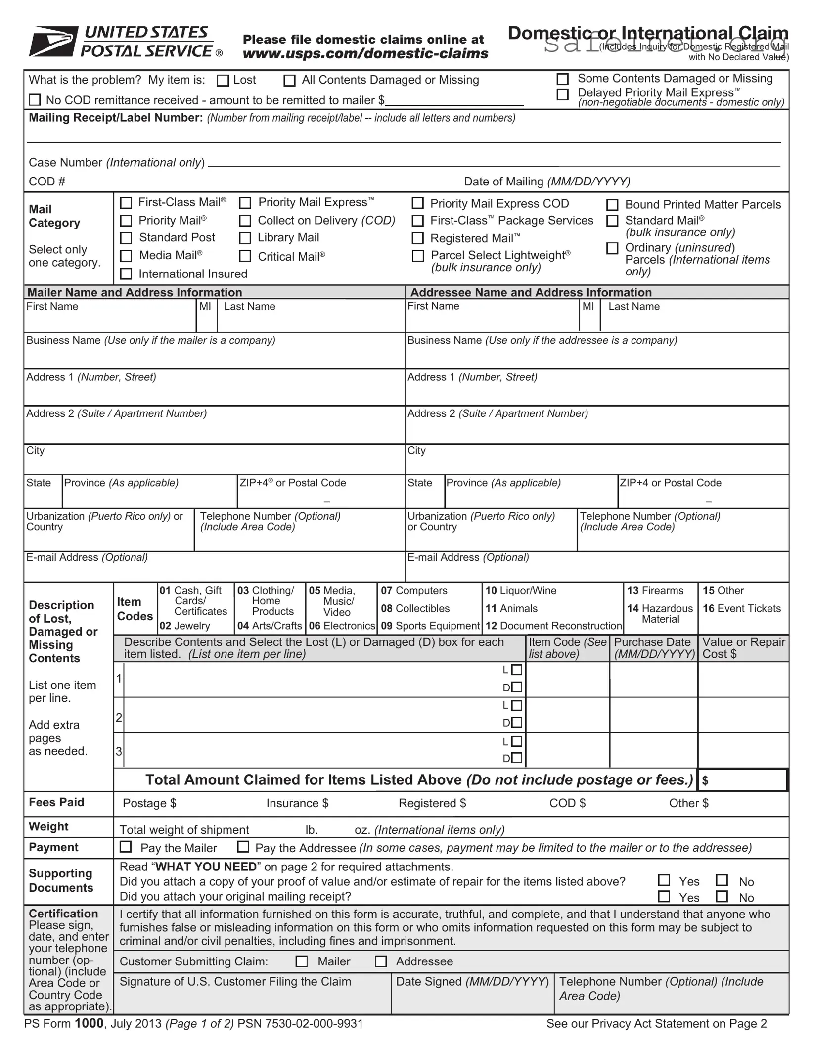 Blank Usps Domestic Claim Template