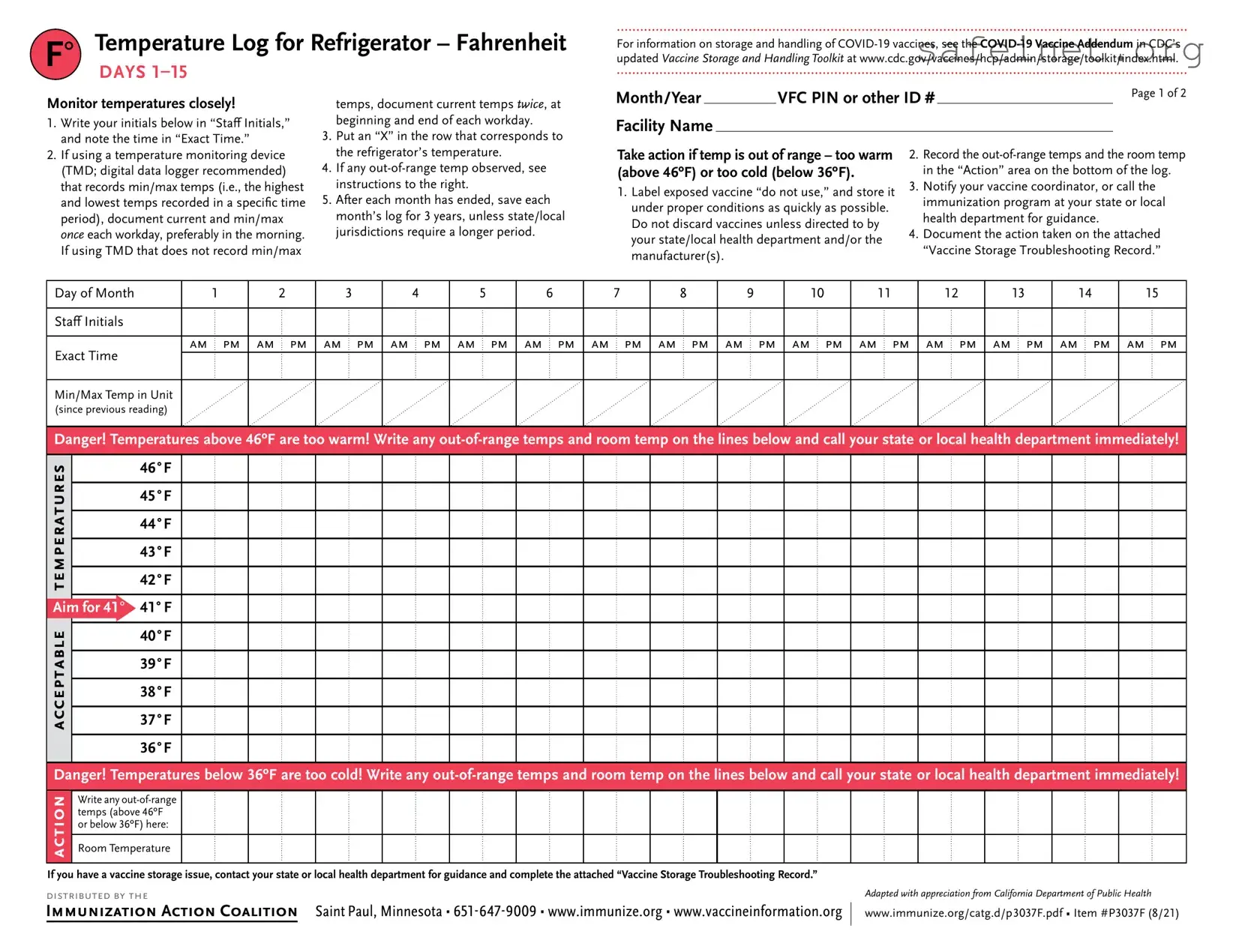 Blank Refrigerator Temperature Log Template