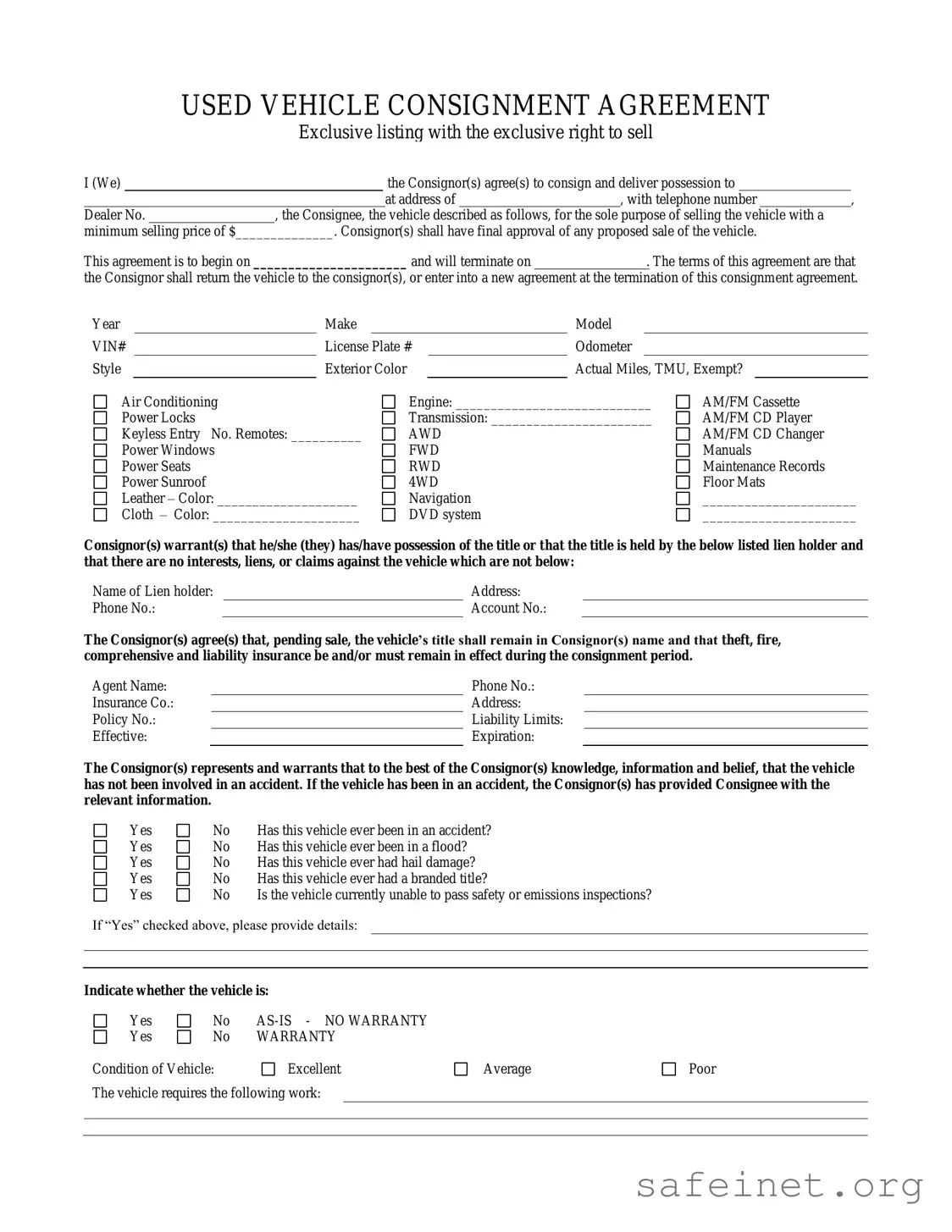 Blank Car Consignment Template