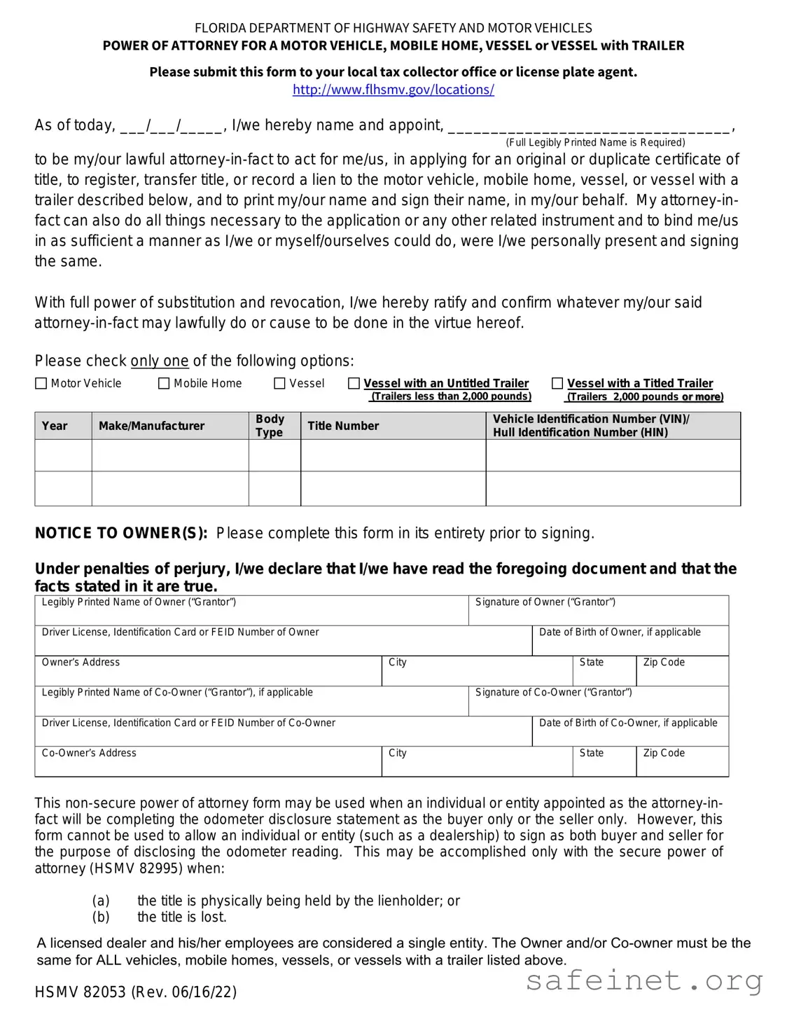 Blank Florida Vehicle POA form 82053 Template