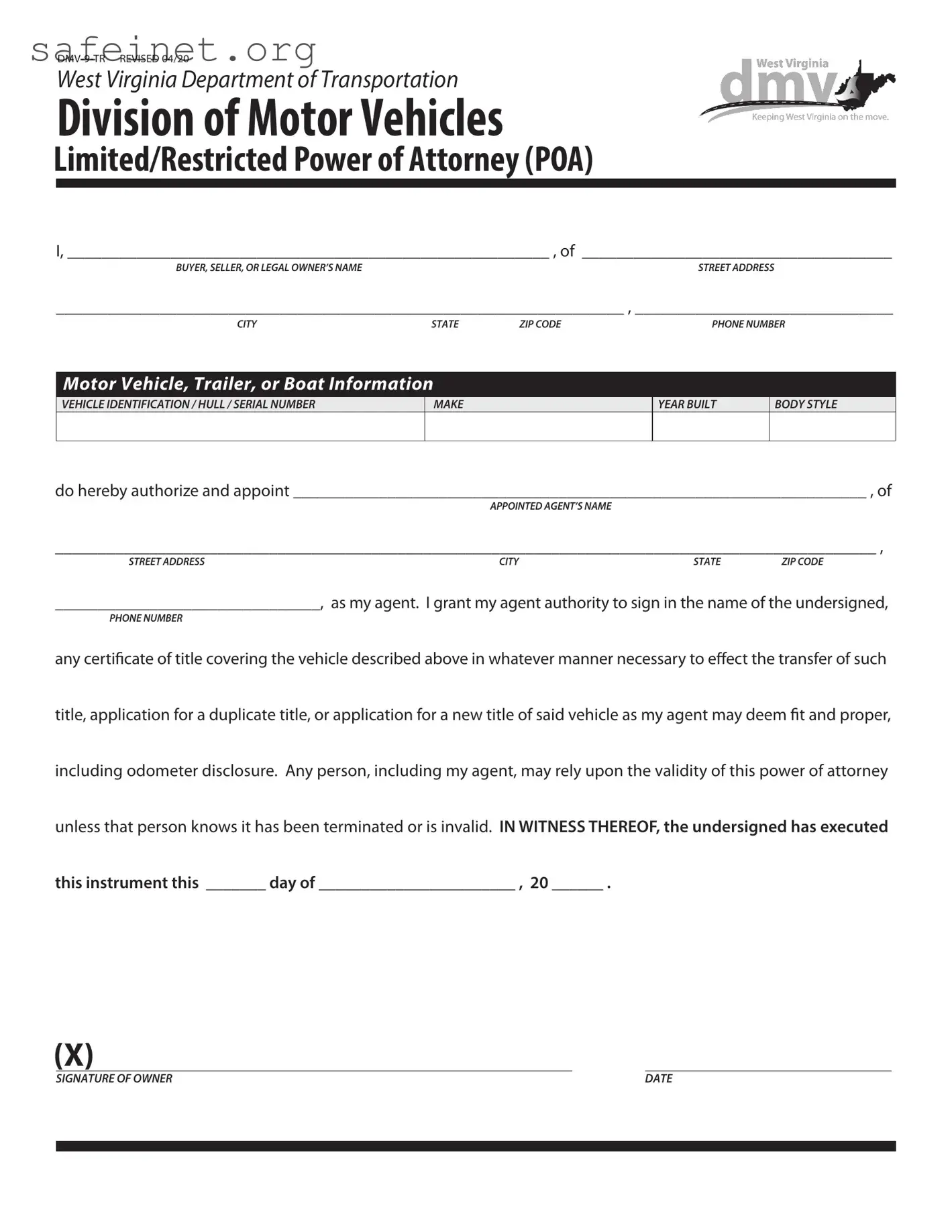 Blank Vehicle POA DMV-9-TR Template