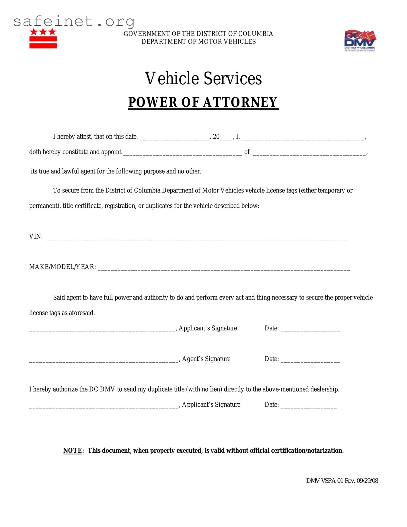 Blank Vehicle POA DMV-VSPA-01 Template