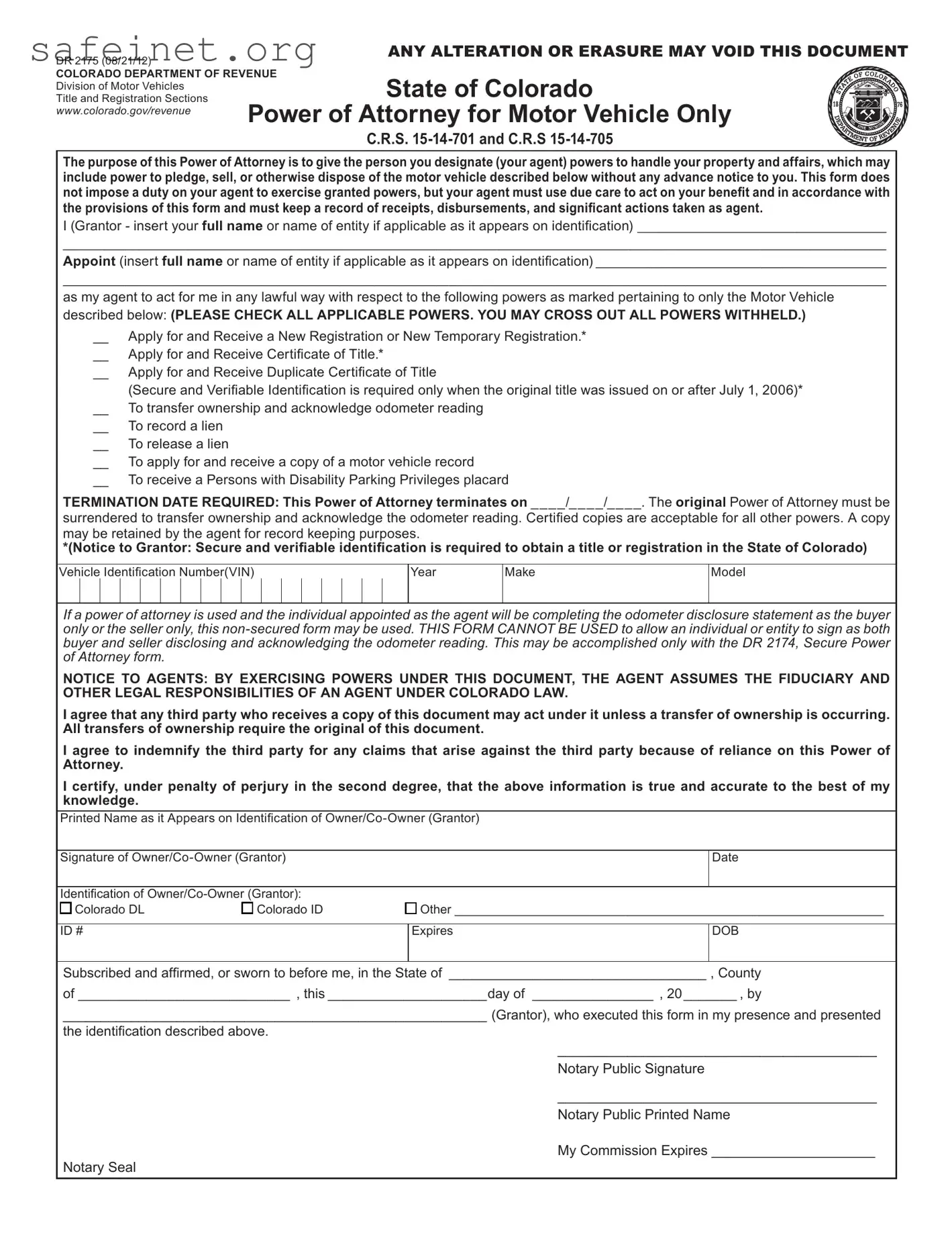 Blank Vehicle POA dr2175 Template