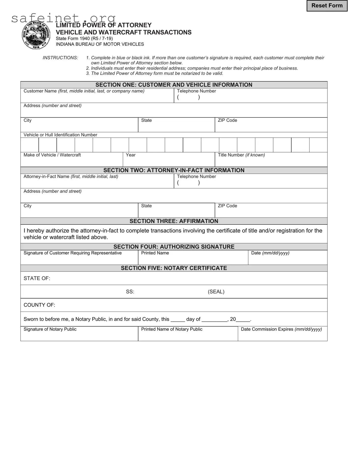 Blank Vehicle POA form 01940 Template