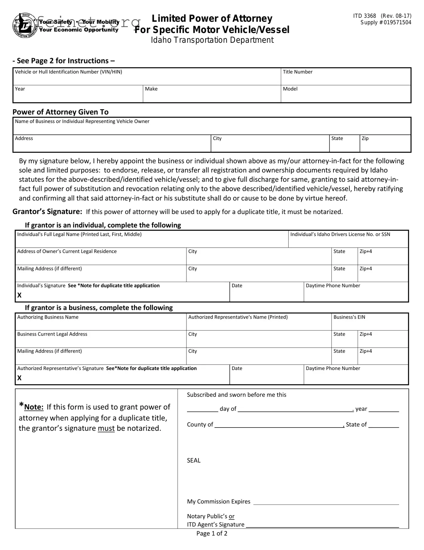 Blank Vehicle POA form 3368 Template