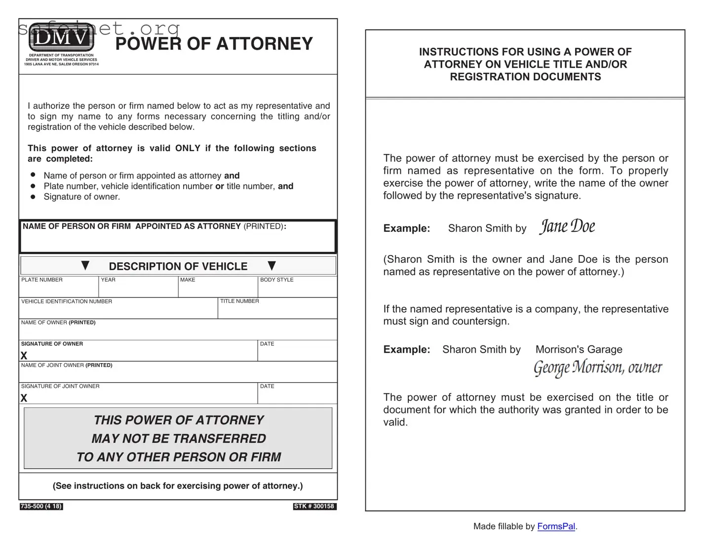 Blank Vehicle POA form 735-500 Template