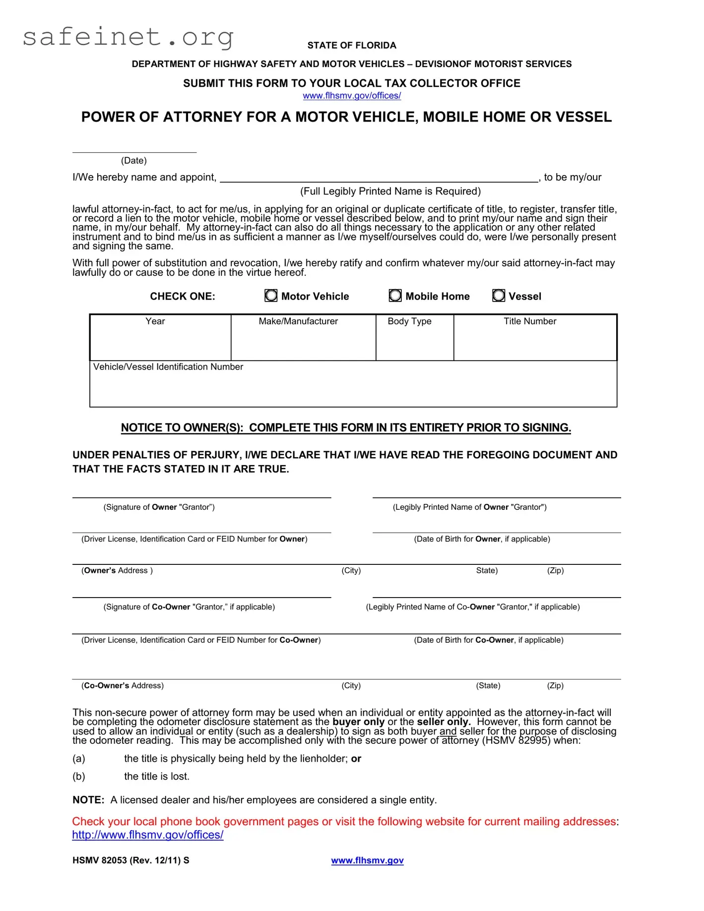 Blank Vehicle POA form 82053 Template