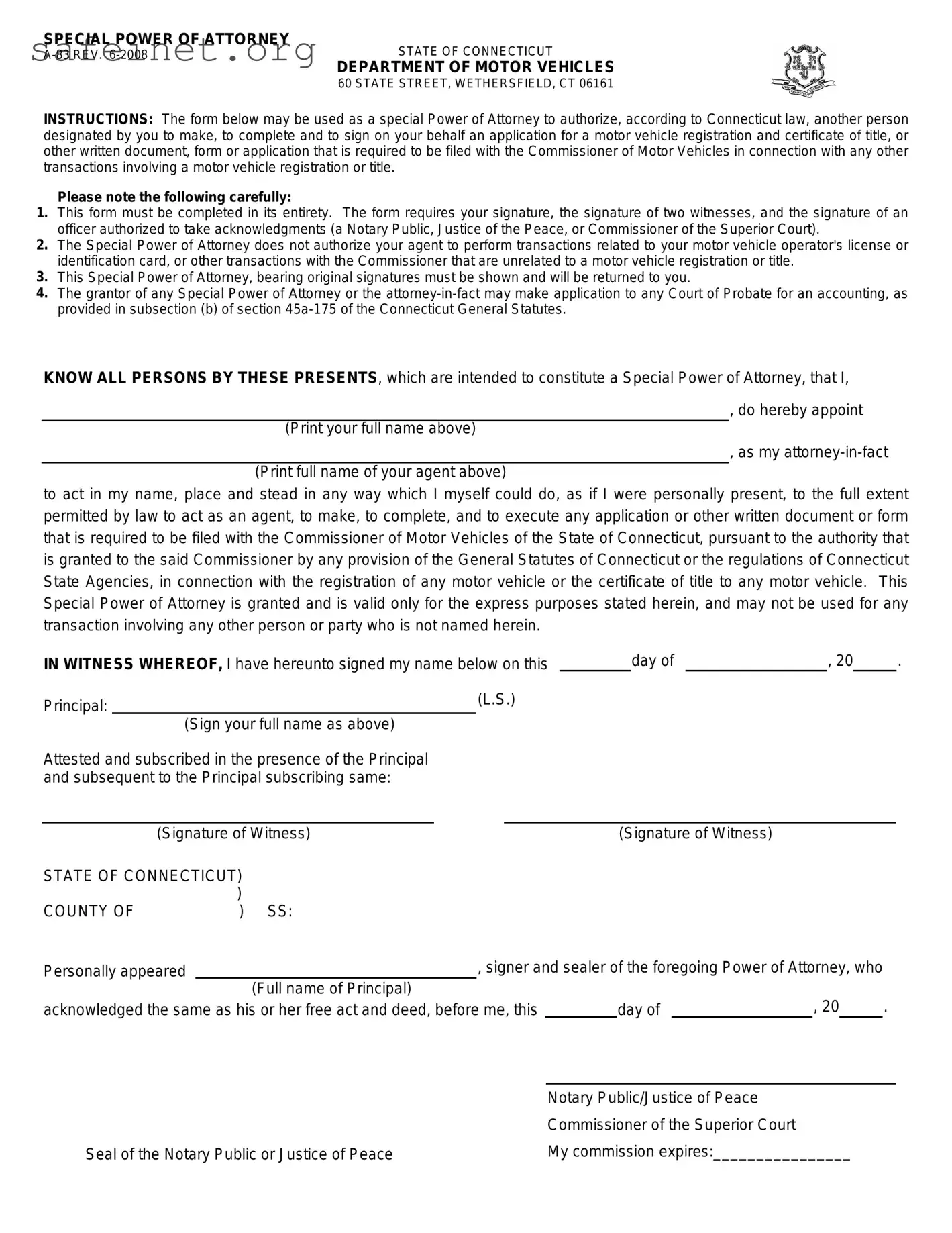 Blank Vehicle POA form A-83 Template