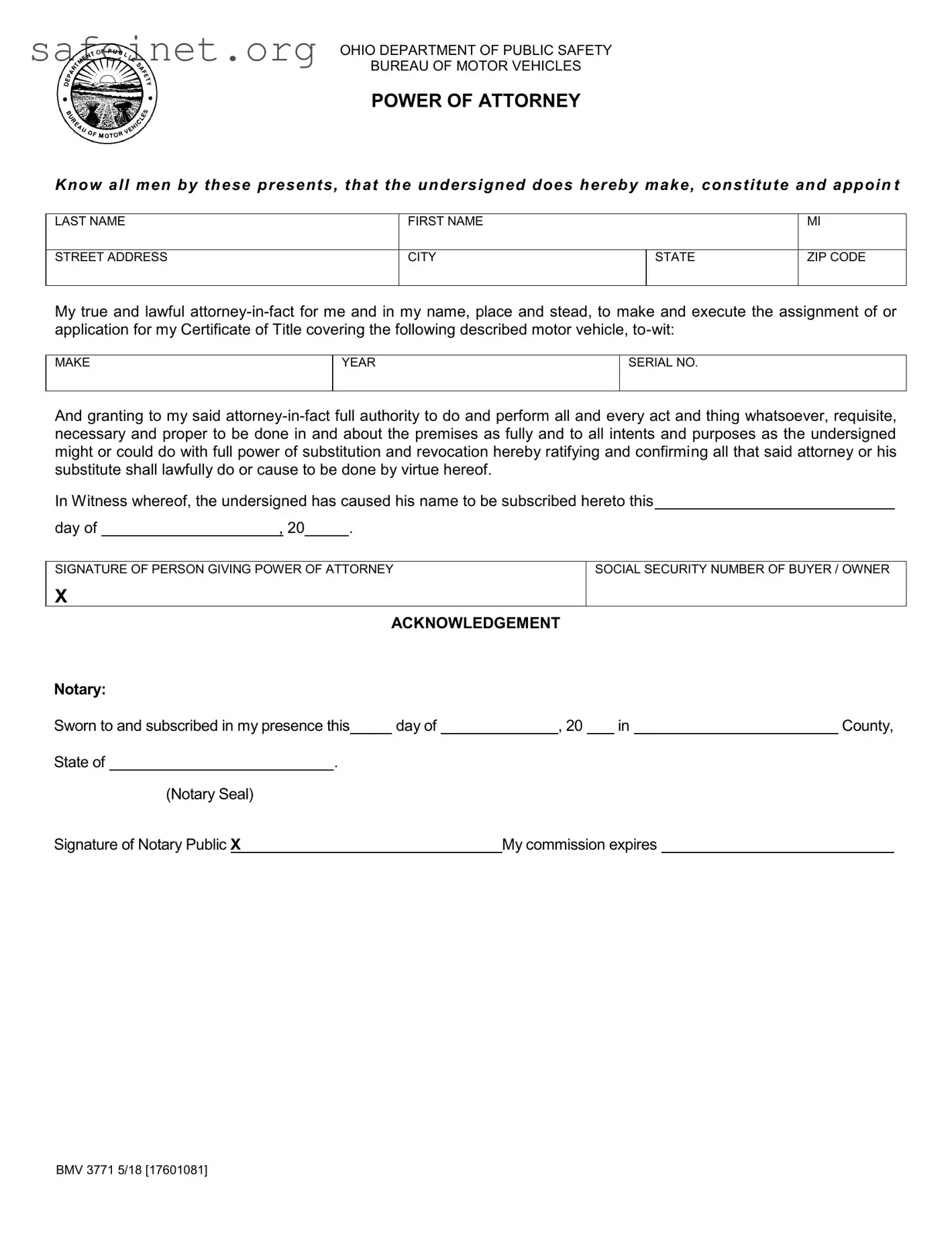 Blank Vehicle POA form BMV 3771 Template