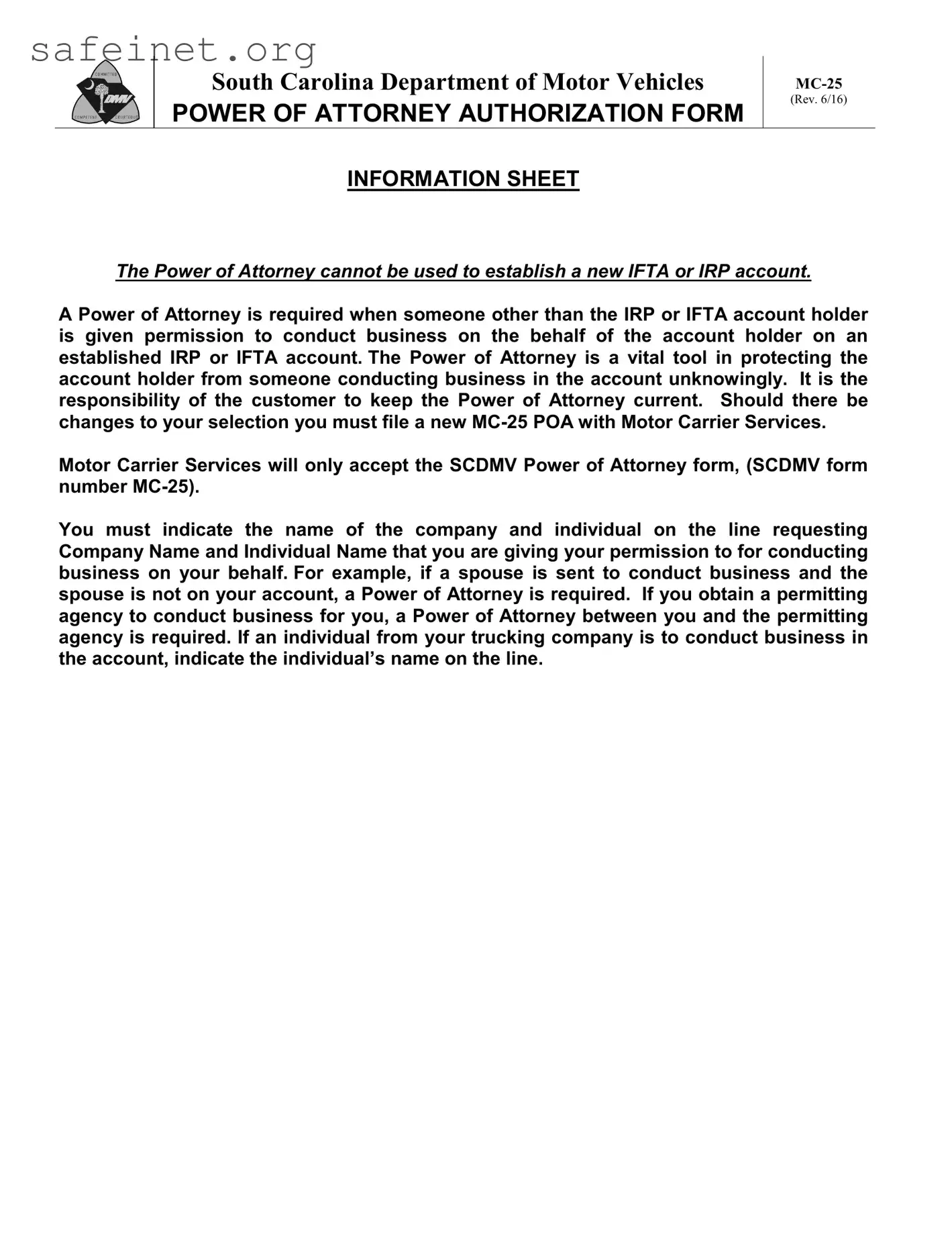 Blank Vehicle POA form MC-25 Template