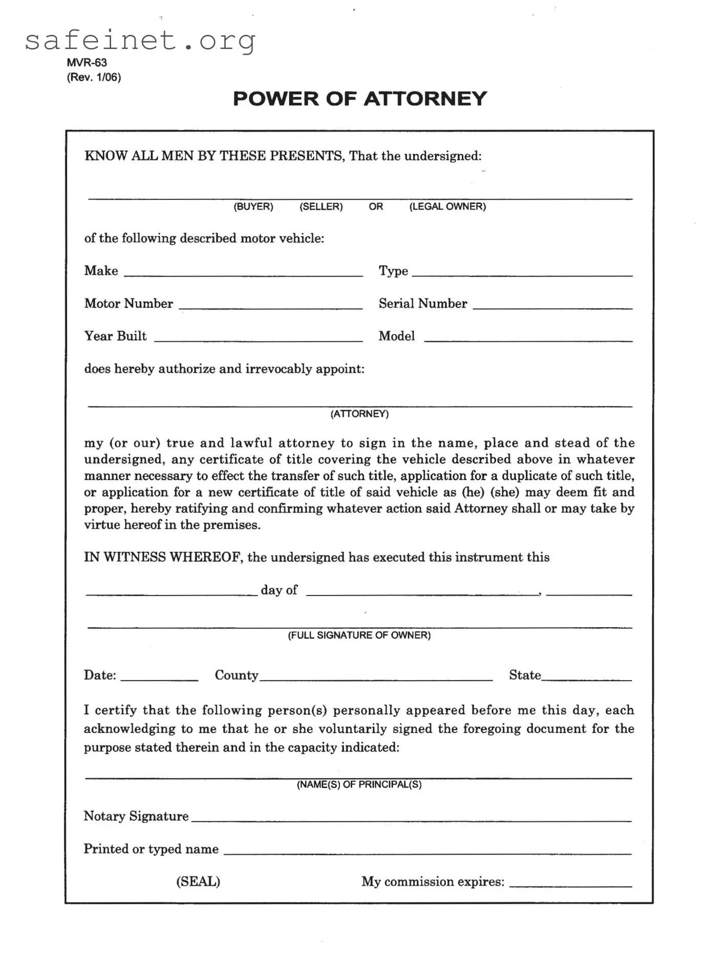 Blank Vehicle POA form mvr-63 Template