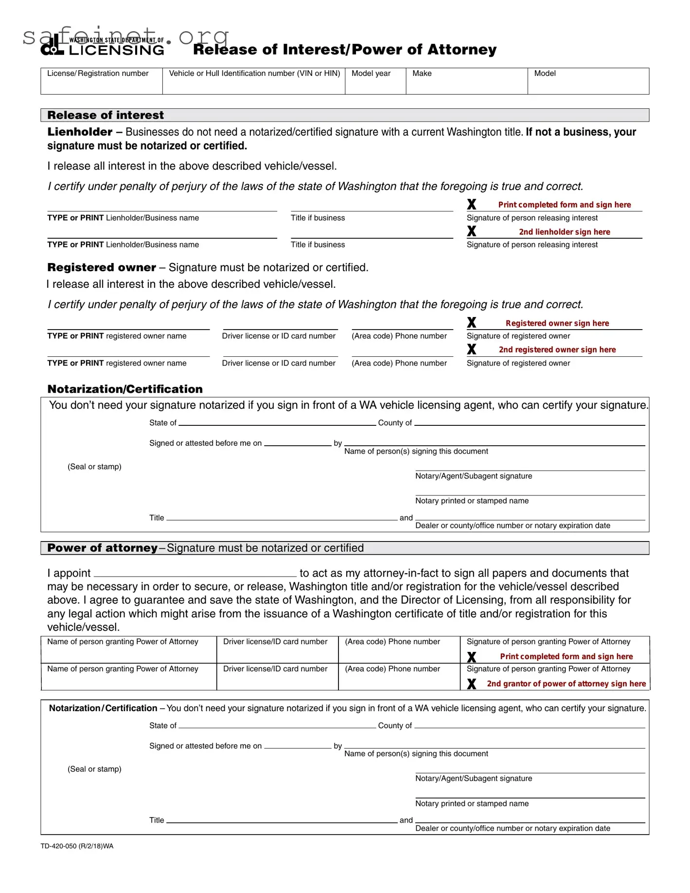 Blank Vehicle POA form td-420-050 Template