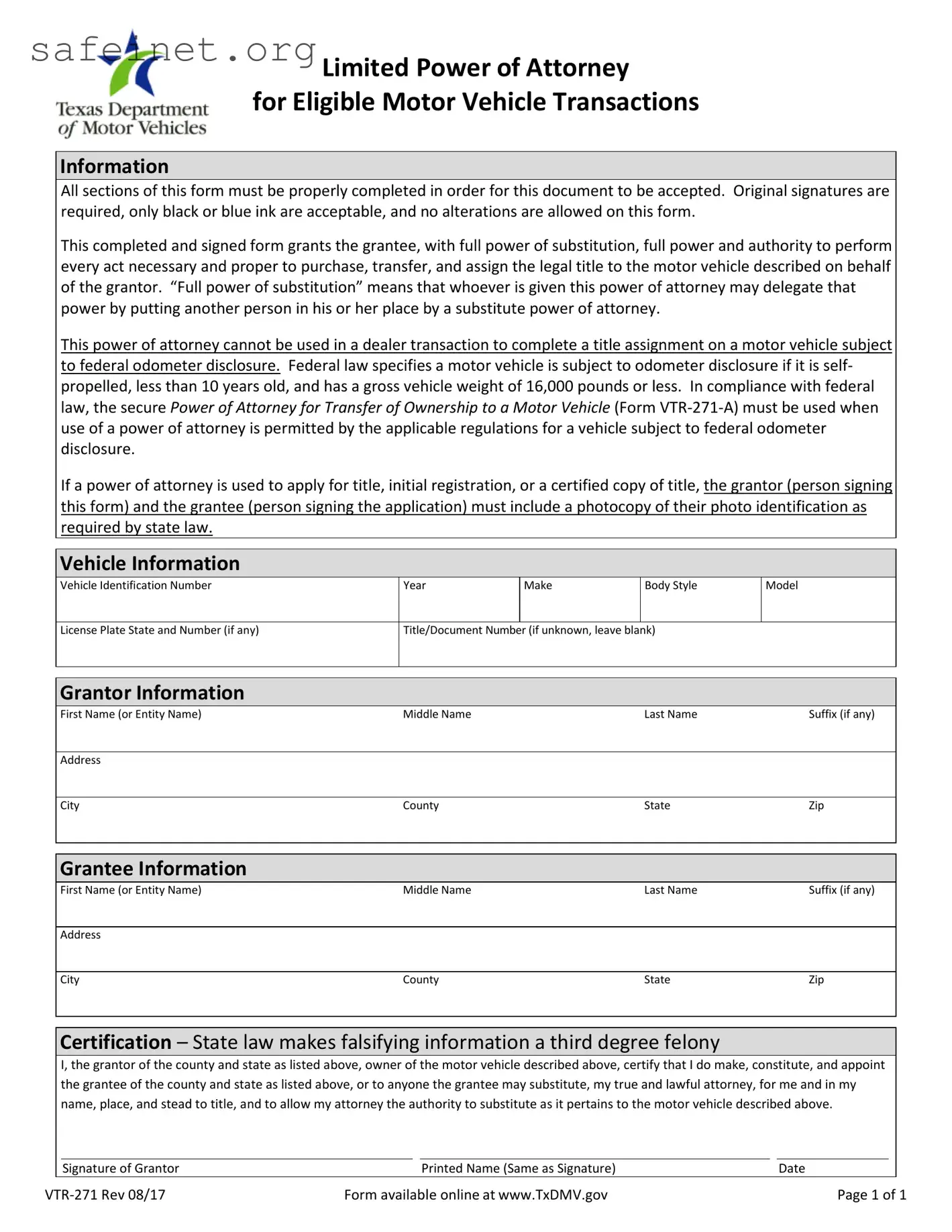Blank Vehicle POA form vtr 271 Template