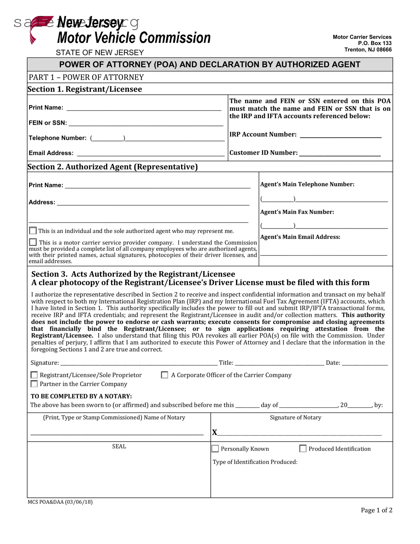 Blank Vehicle POA MCS POA&DAA form Template