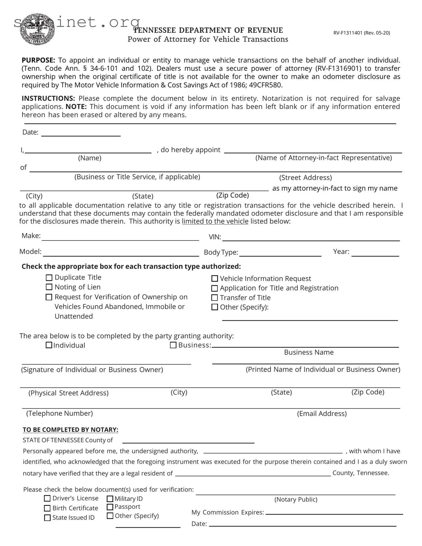 Blank Vehicle POA rv-f1311401 Template
