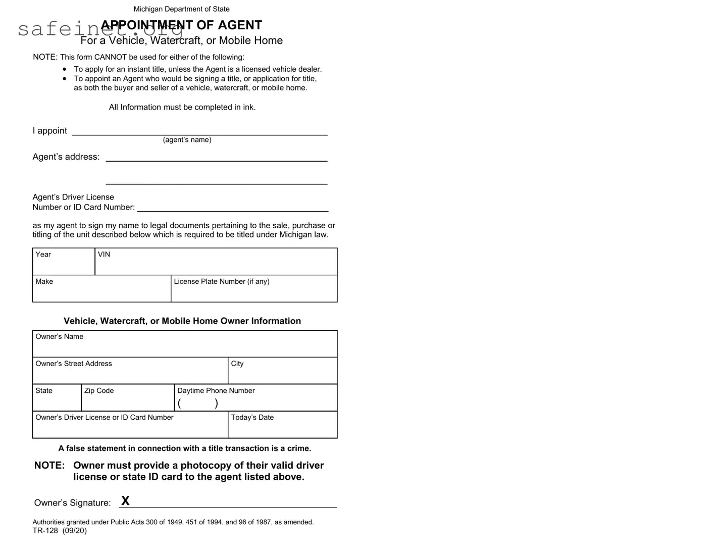 Blank Vehicle POA TR-128 (appointment of agent) Template