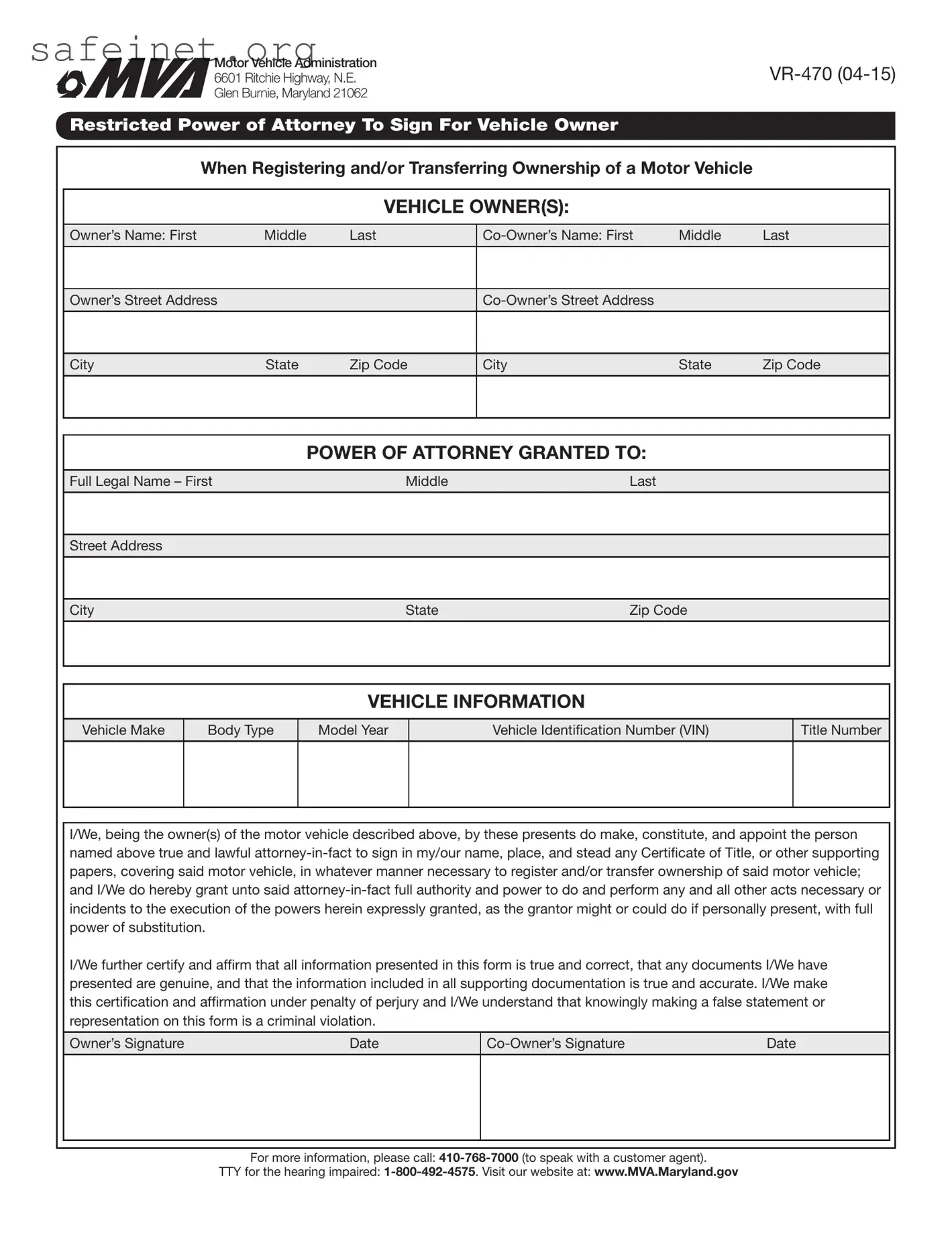 Blank Vehicle POA vr-470 Template