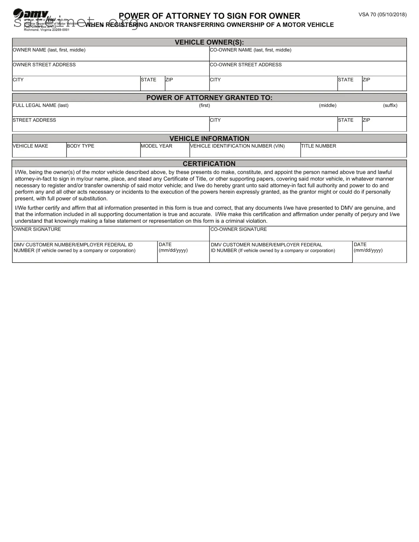Blank Vehicle POA VSA 70 Template