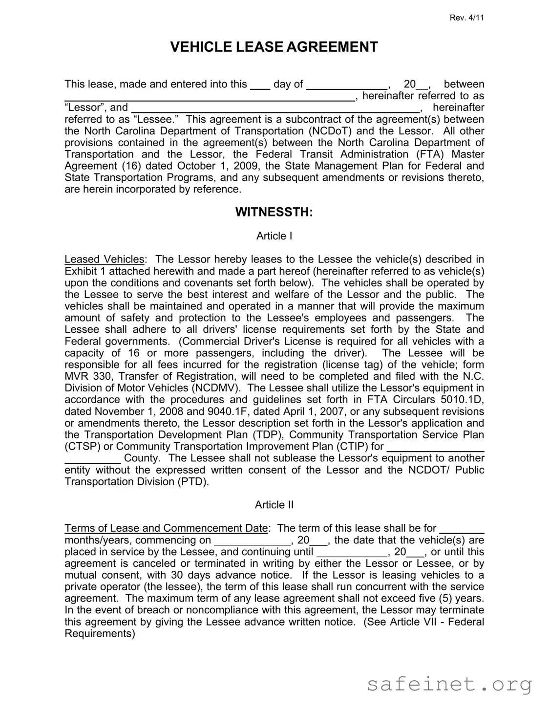 Blank Commercial Vehicle Lease Agreement Template