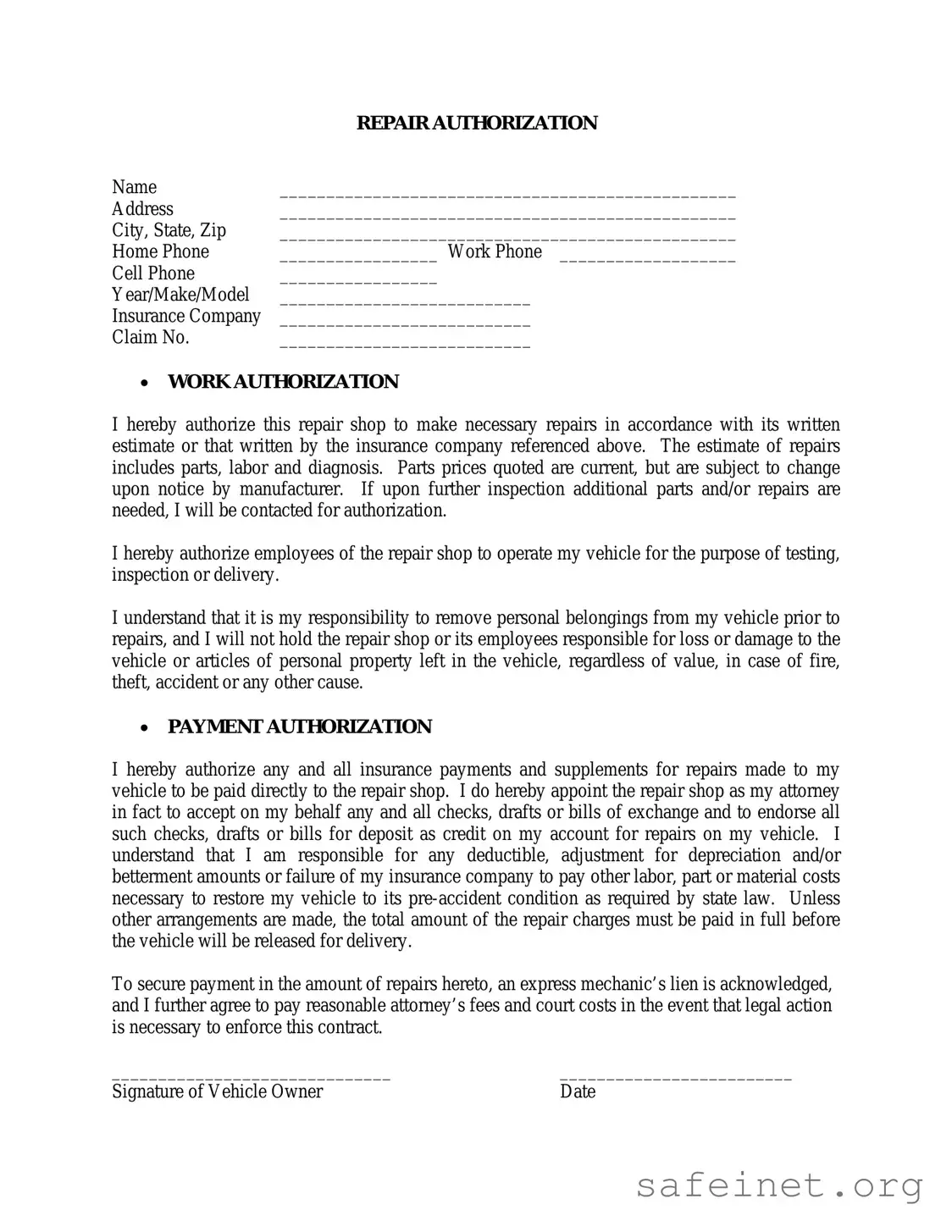 Blank Authorization Repair Template