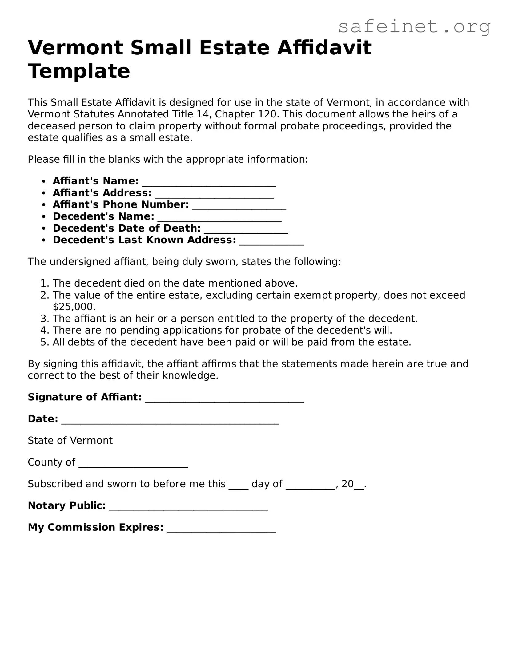 Valid Small Estate Affidavit Template for the State of Vermont
