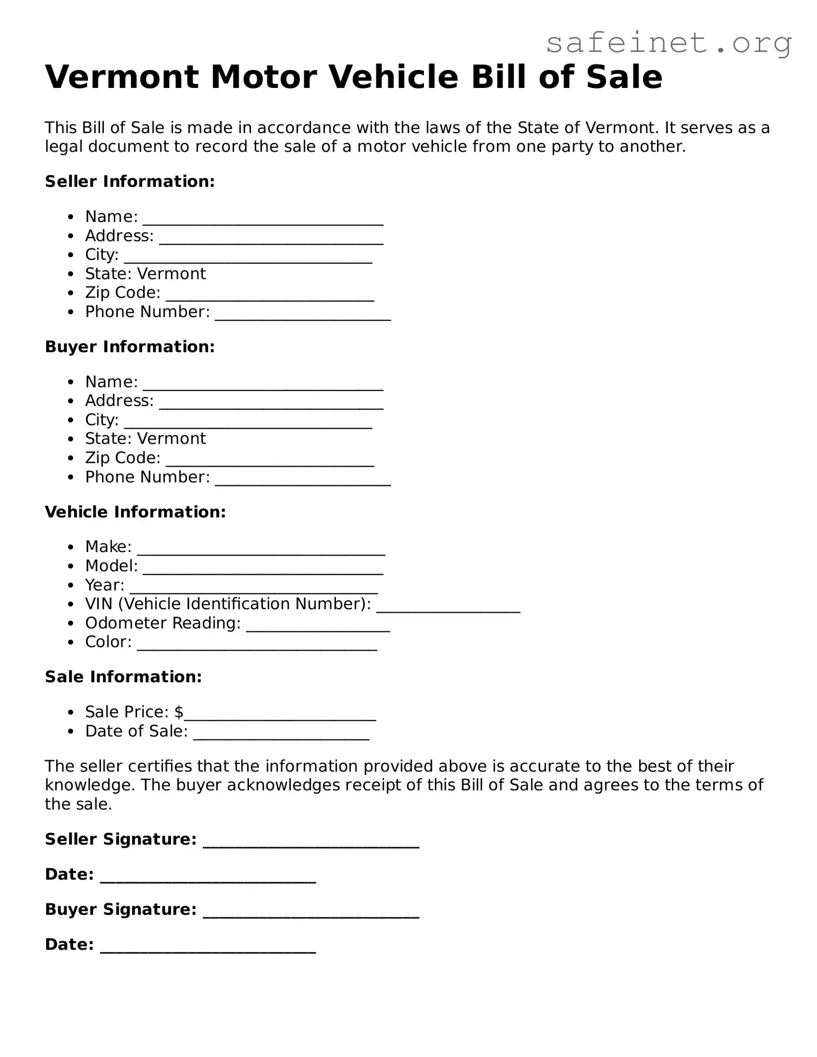 Valid Motor Vehicle Bill of Sale Template for the State of Vermont