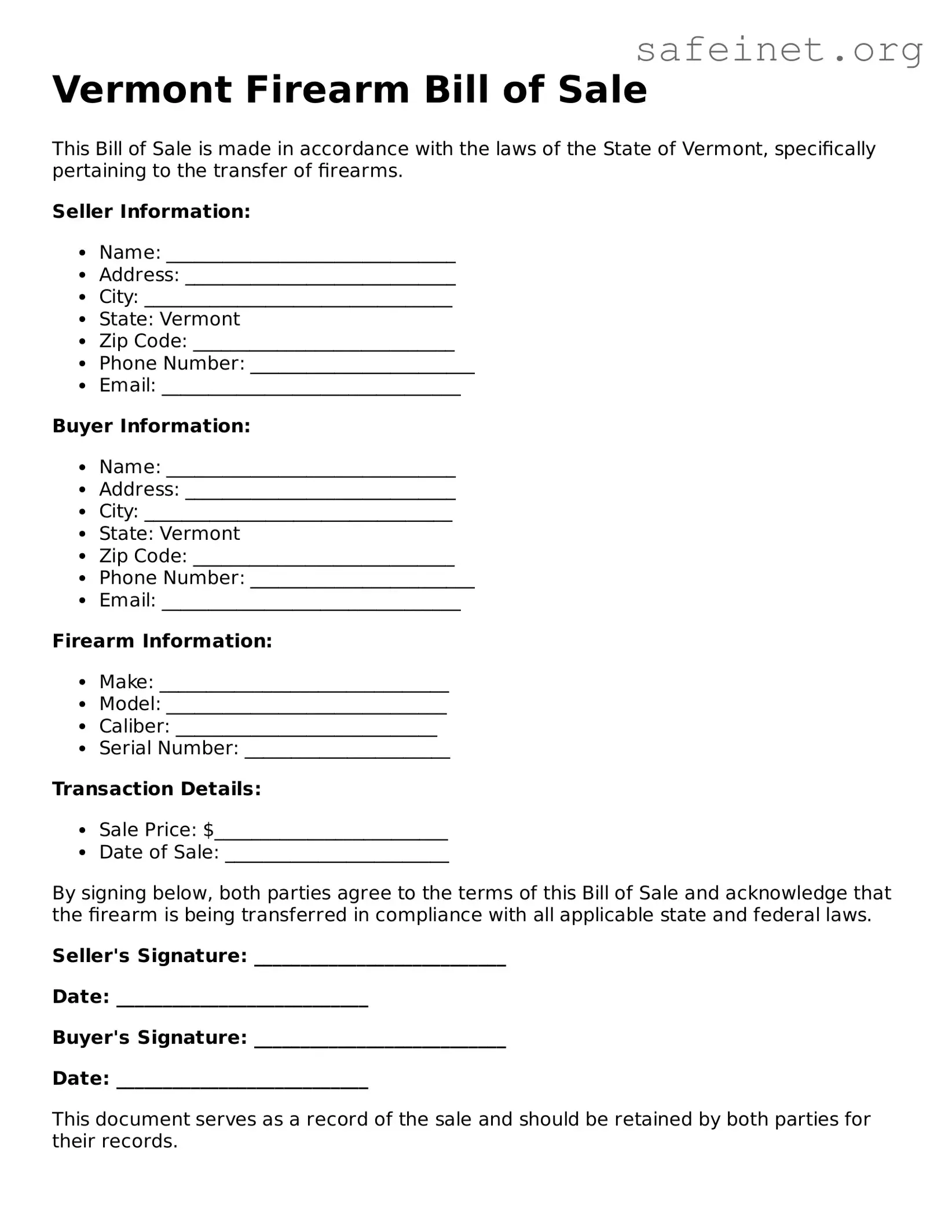 Valid Firearm Bill of Sale Template for the State of Vermont