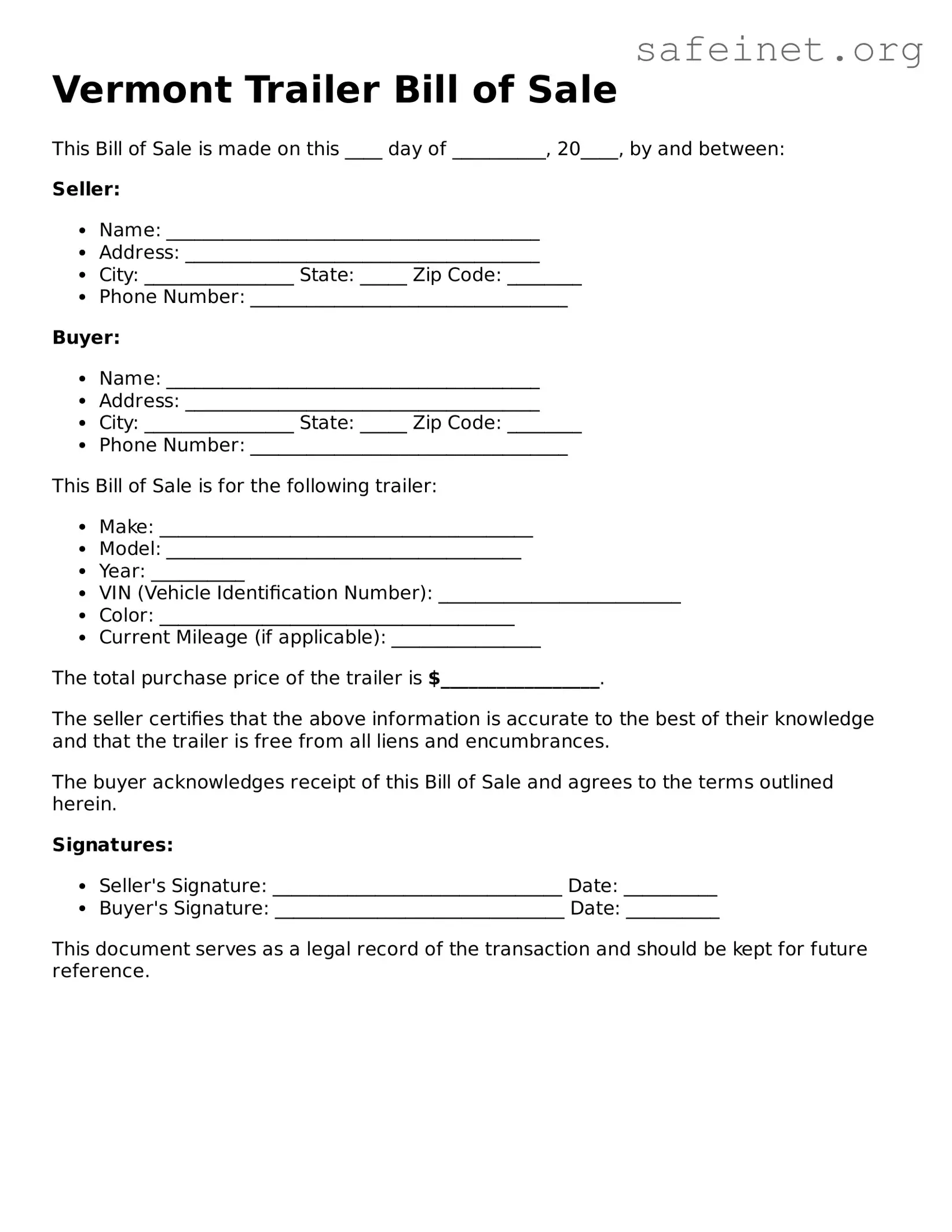 Valid Trailer Bill of Sale Template for the State of Vermont