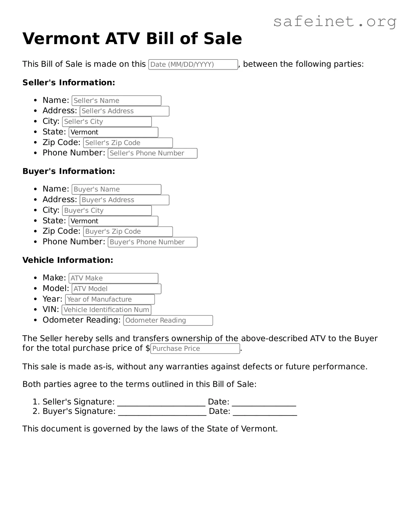 Valid ATV Bill of Sale Template for the State of Vermont