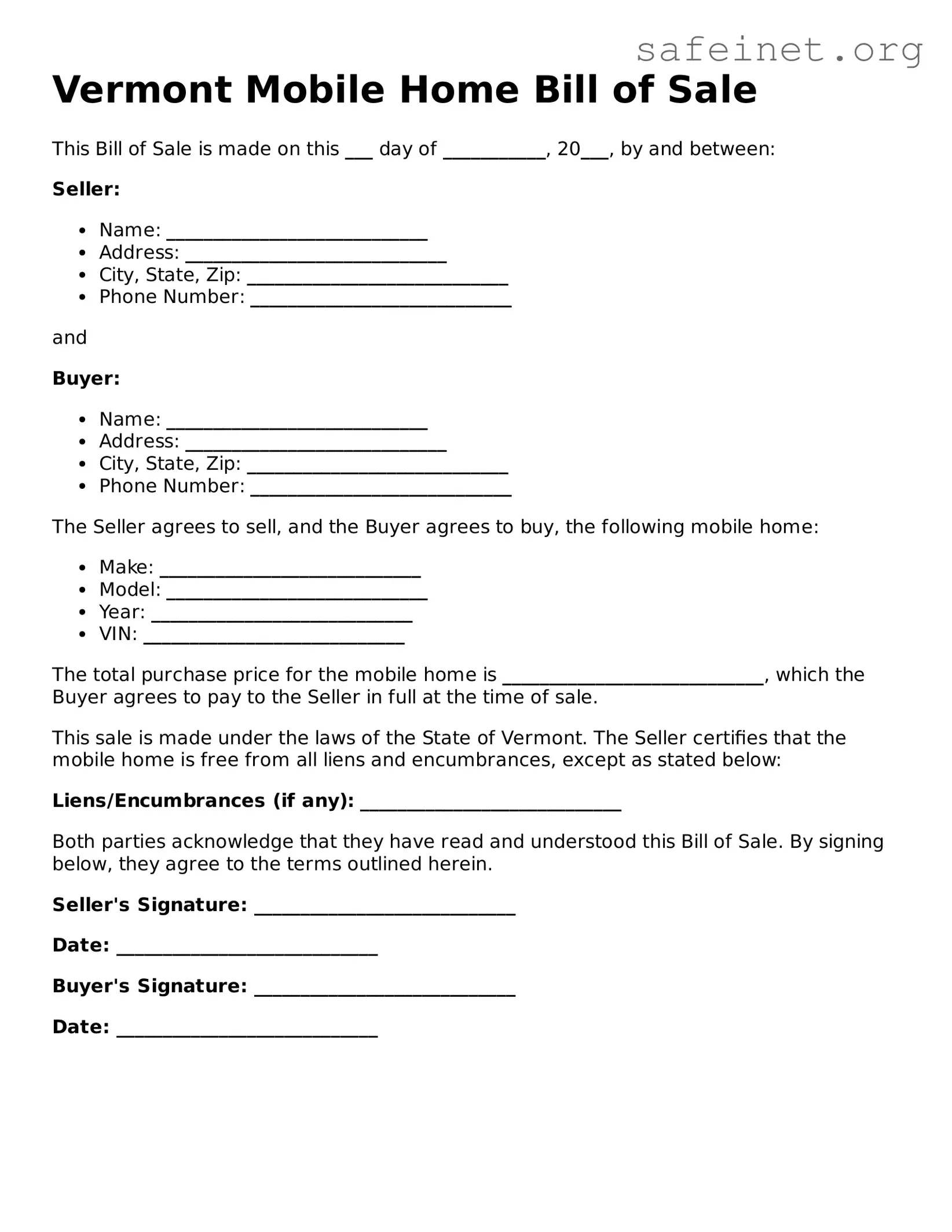 Valid Mobile Home Bill of Sale Template for the State of Vermont